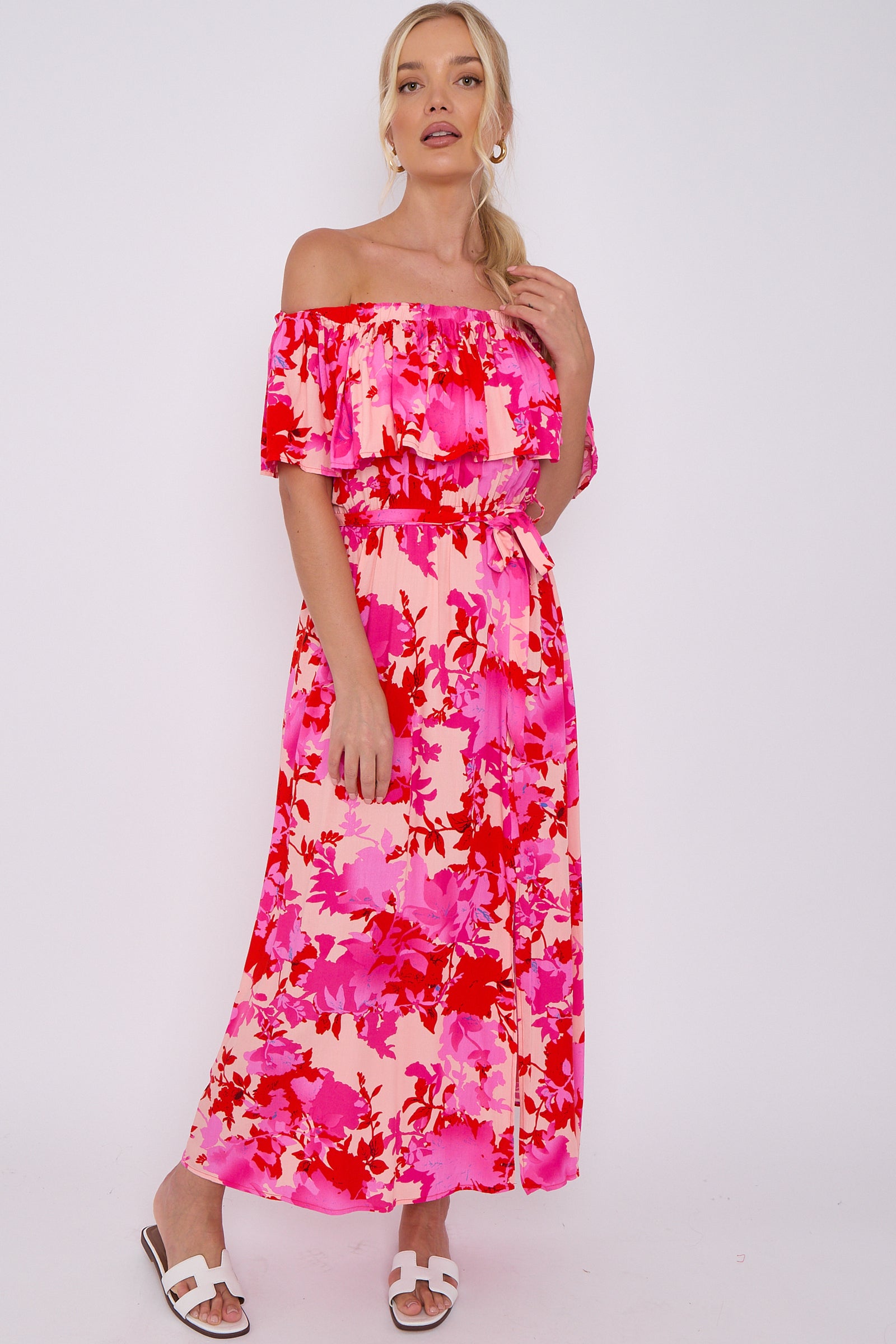 Fuchsia Floral Print Bardot Maxi Dress