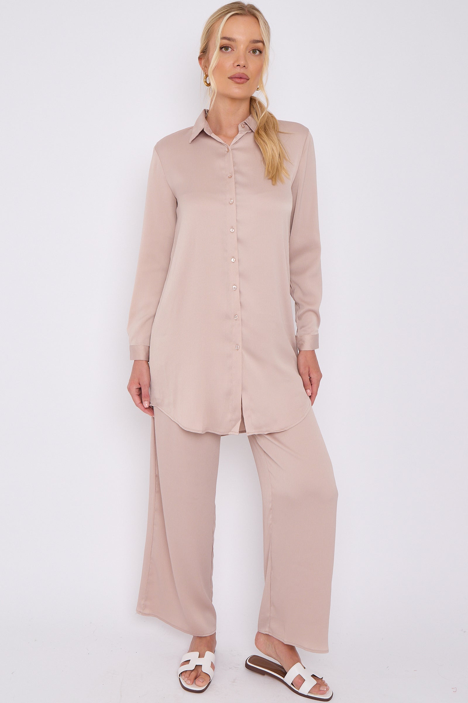 Champagne Crepe Satin Co-ord Shirt and Trousers Set