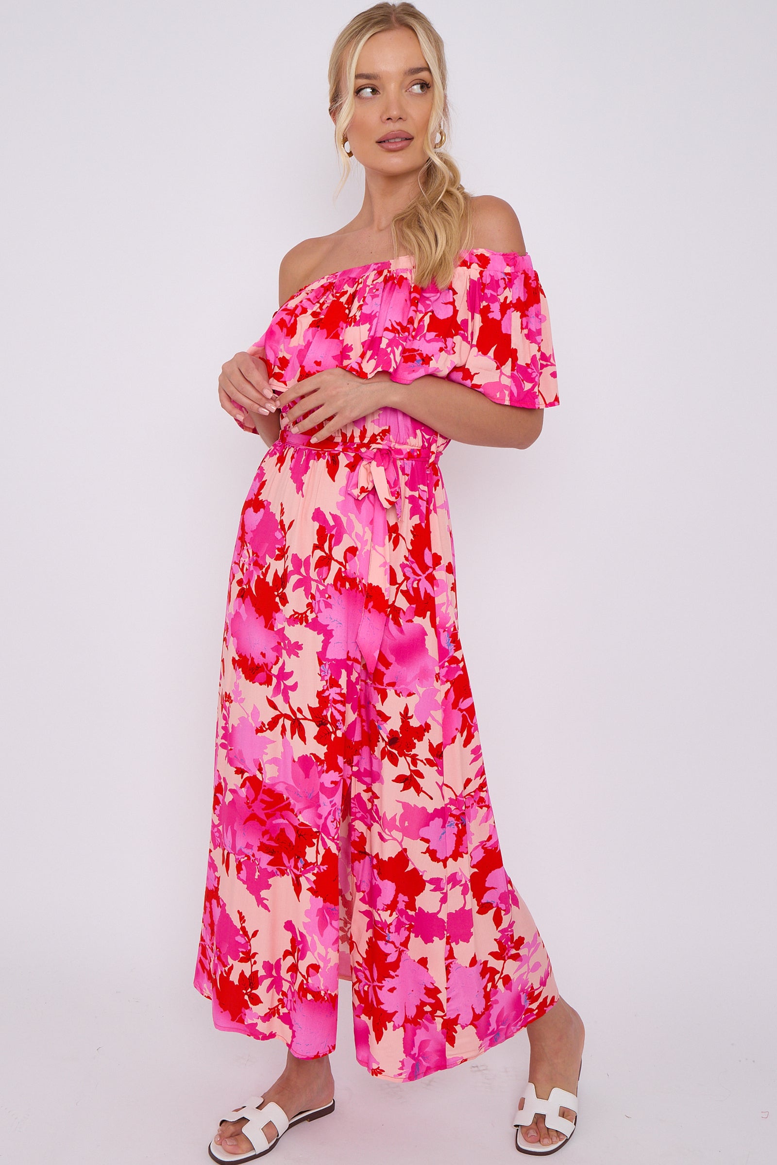 Fuchsia Floral Print Bardot Maxi Dress