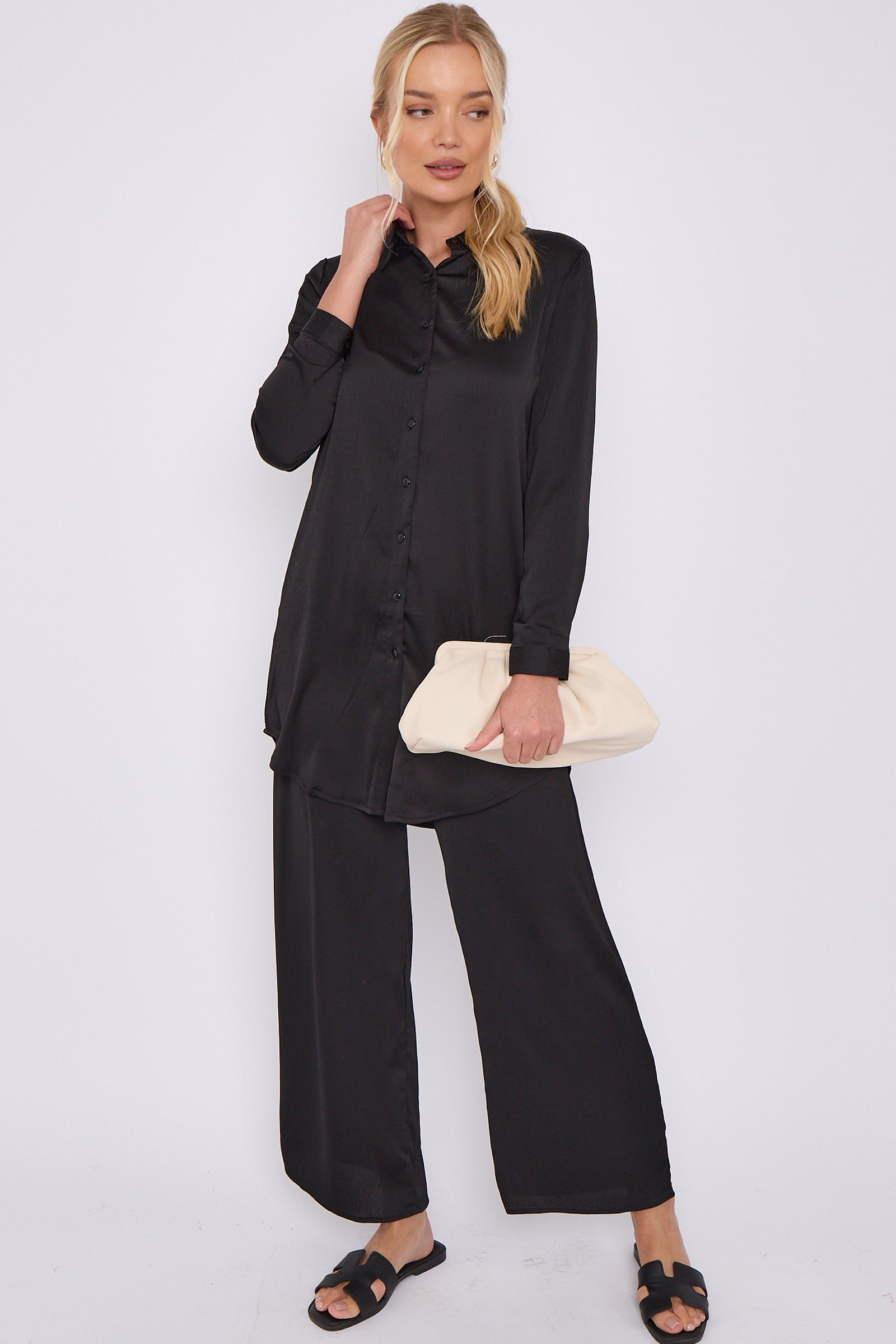 Black Crepe Satin Co-ord Shirt and Trousers Set