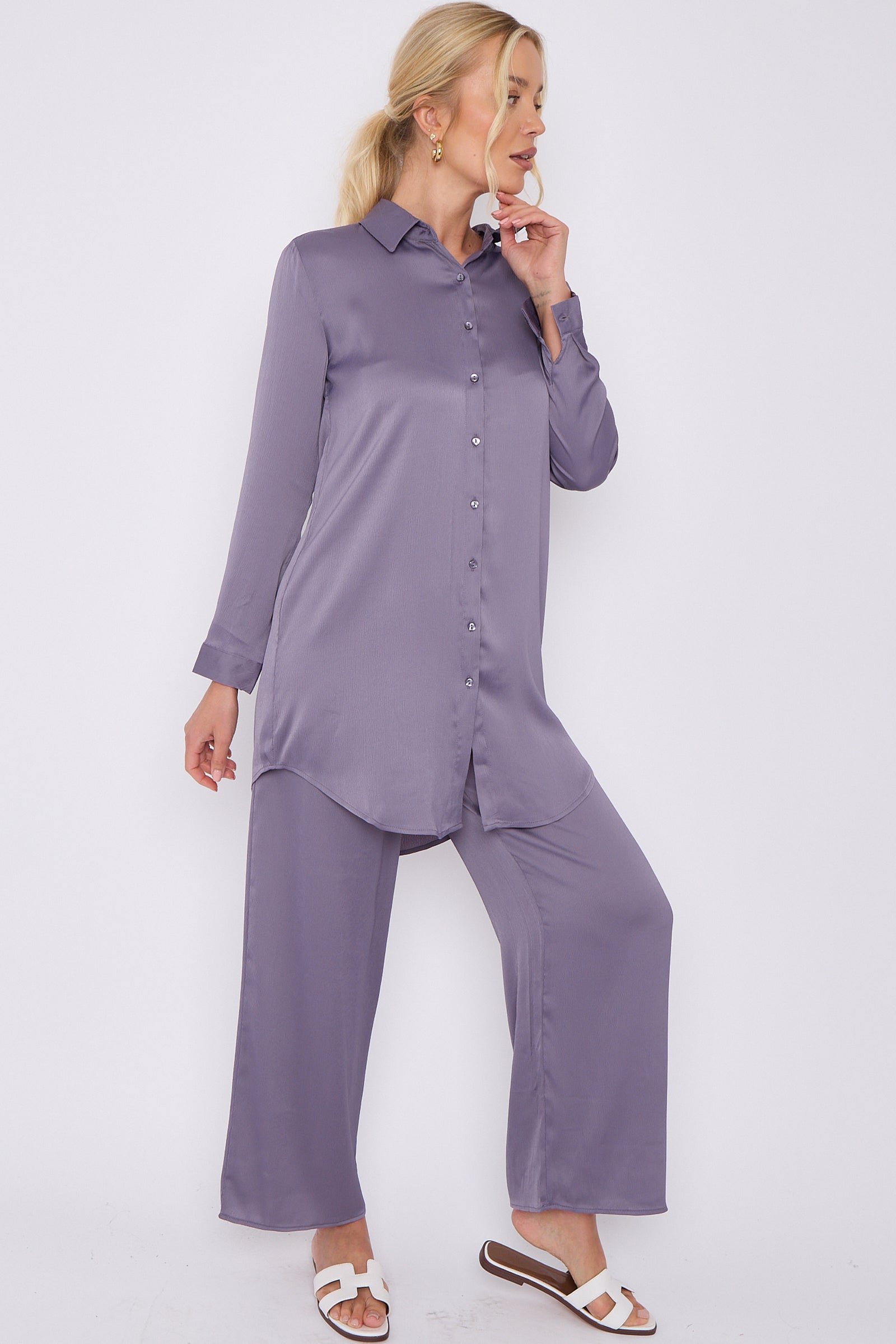 Purple Grey Crepe Satin Co-ord Shirt and Trousers Set