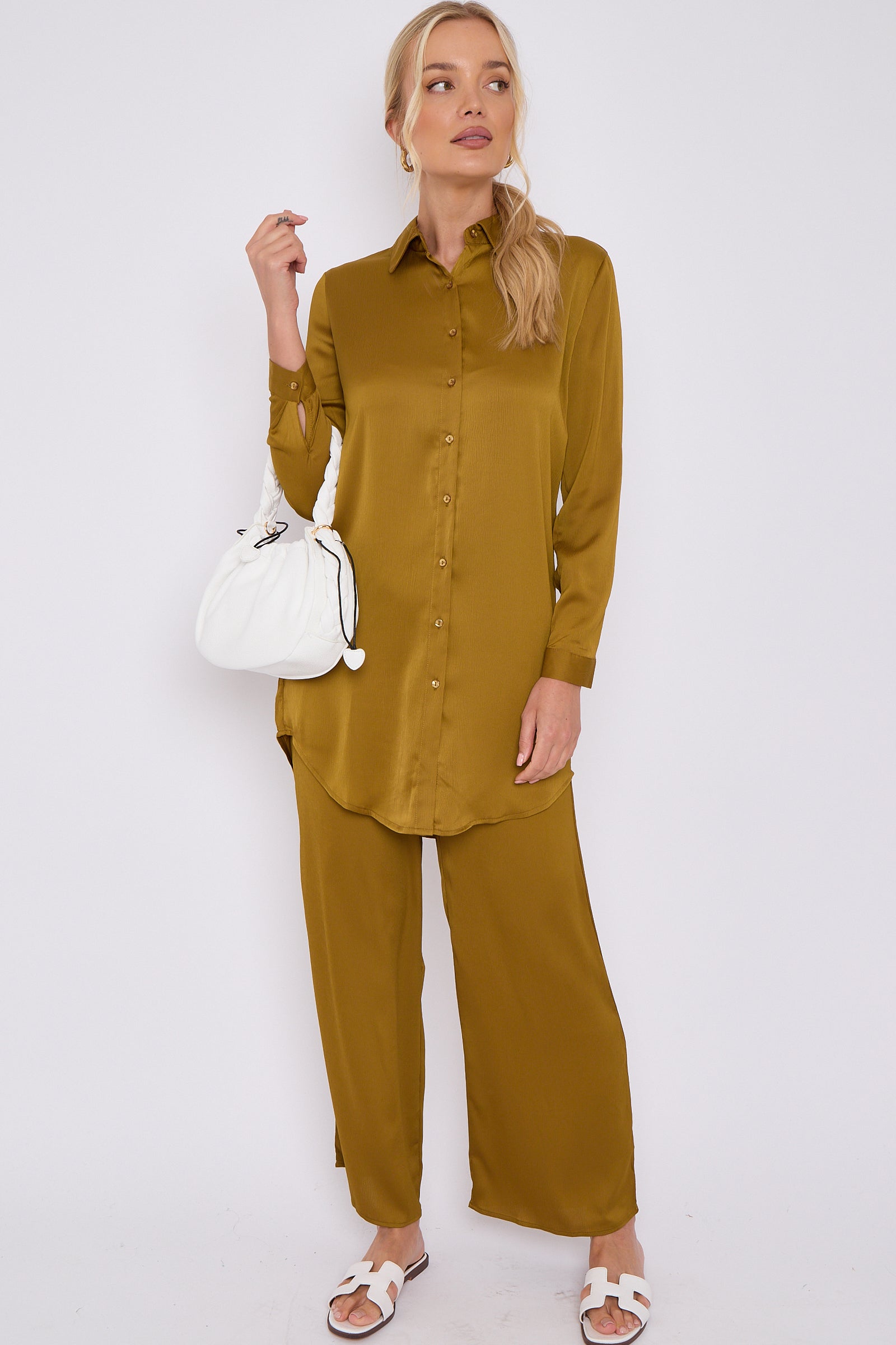 Mustard Crepe Satin Co-ord Shirt and Trousers Set