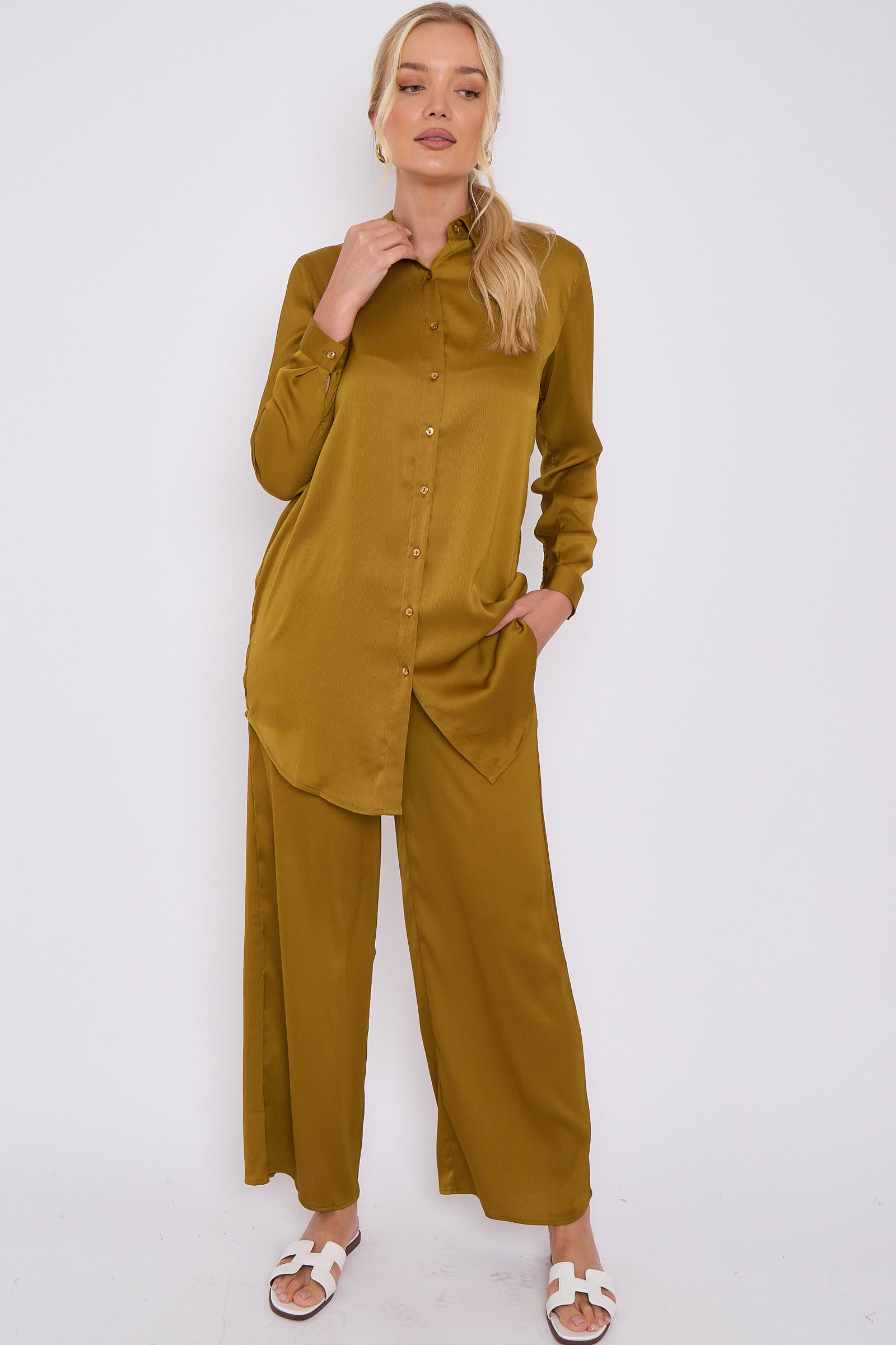 Mustard Crepe Satin Co-ord Shirt and Trousers Set