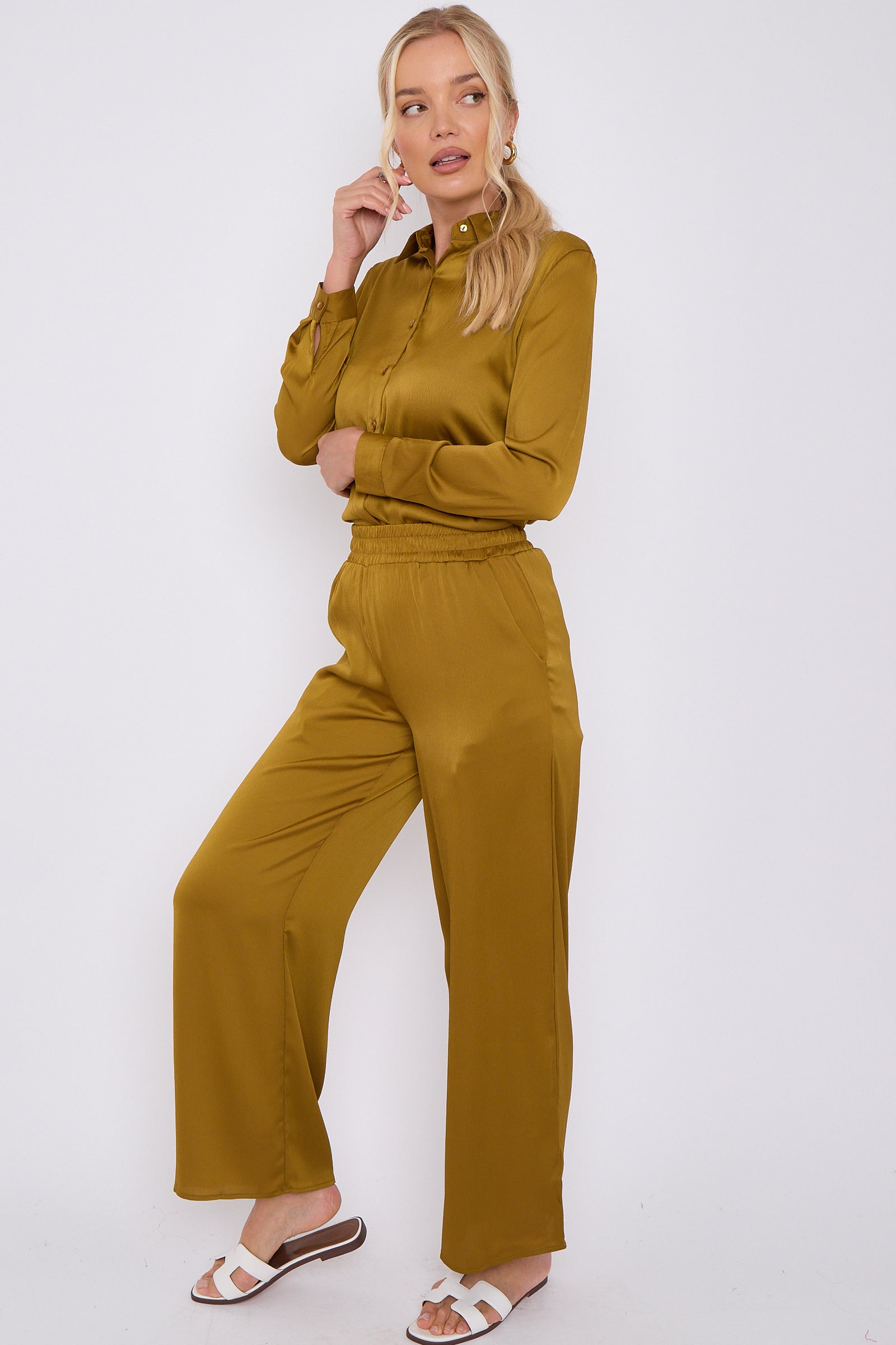 Mustard Crepe Satin Co-ord Shirt and Trousers Set