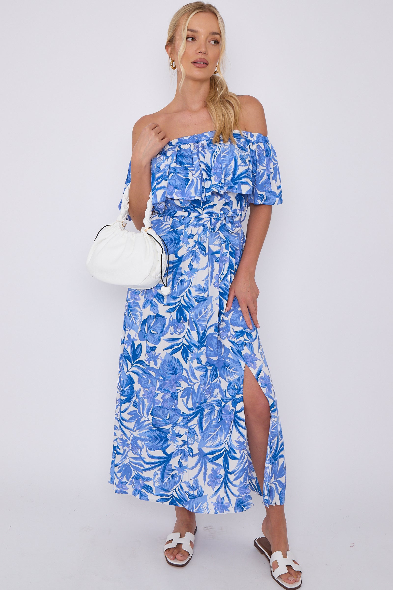 Blue Leaf Floral Print Bardot Maxi Dress