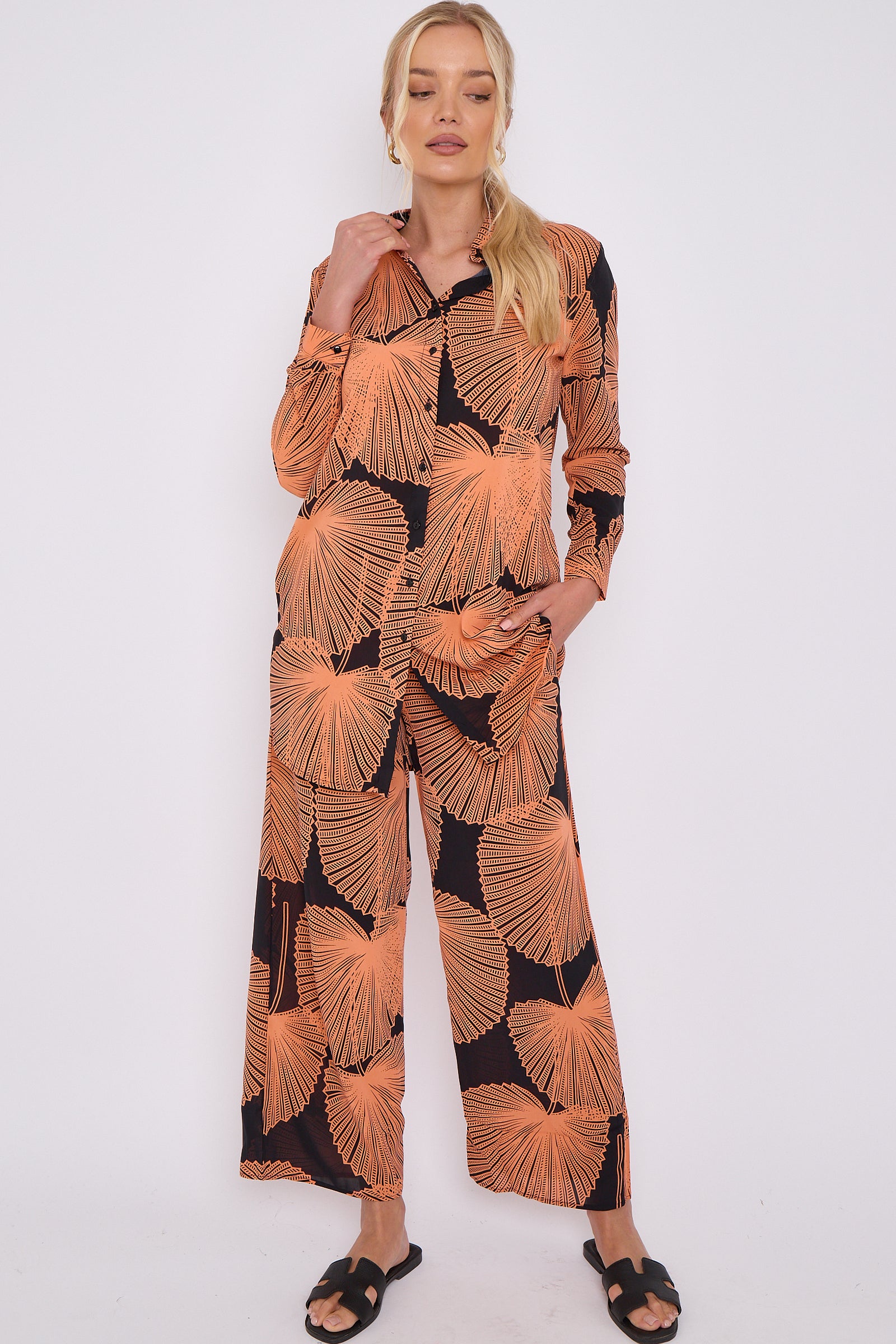 Black Abstract Leaf Print Co-ord Shirt and Trousers Set