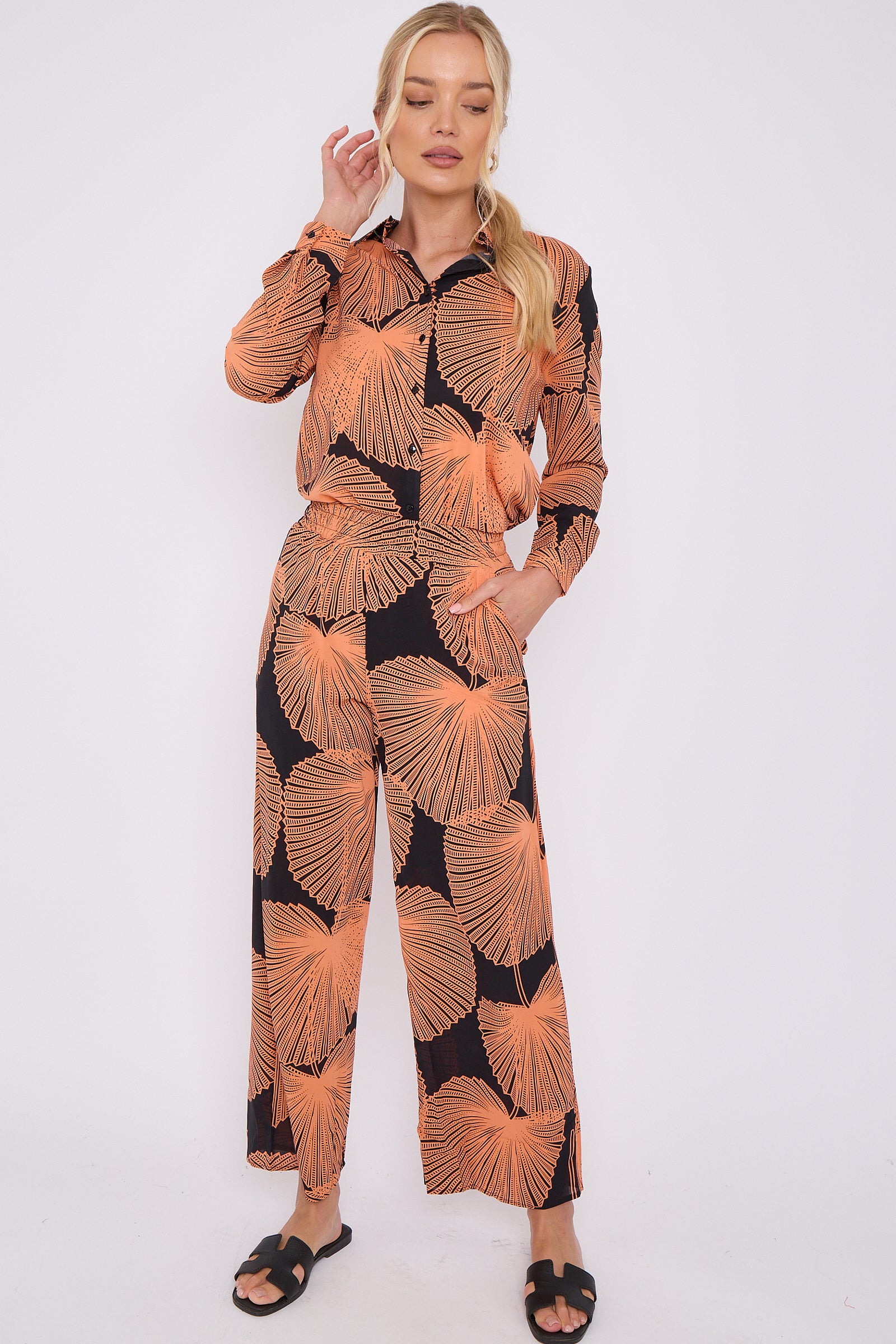 Black Abstract Leaf Print Co-ord Shirt and Trousers Set