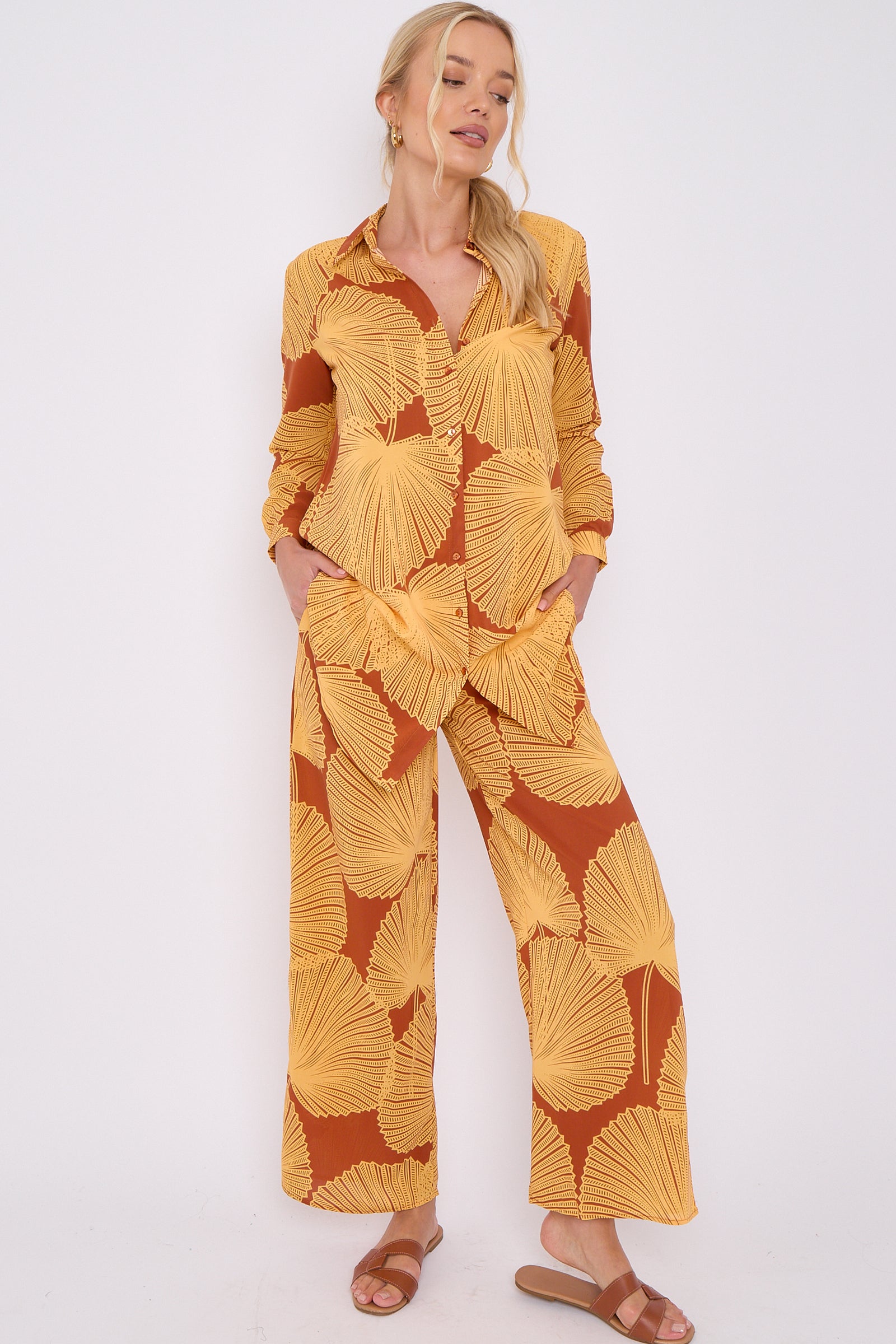 Mustard Abstract Leaf Print Co-ord Shirt and Trousers Set