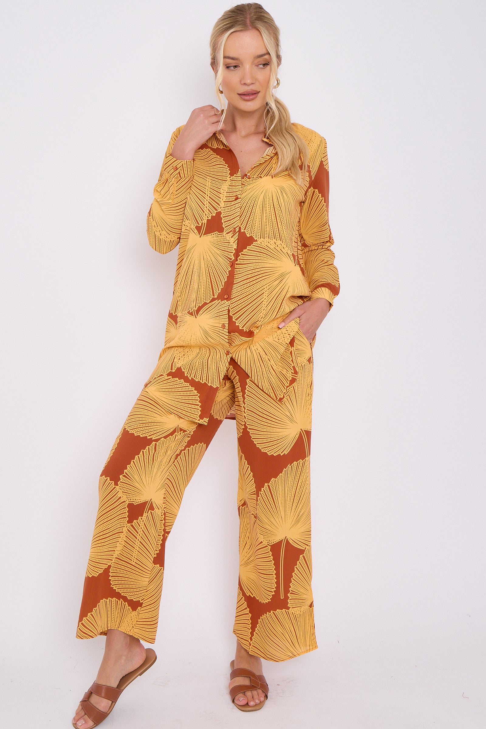 Mustard Abstract Leaf Print Co-ord Shirt and Trousers Set