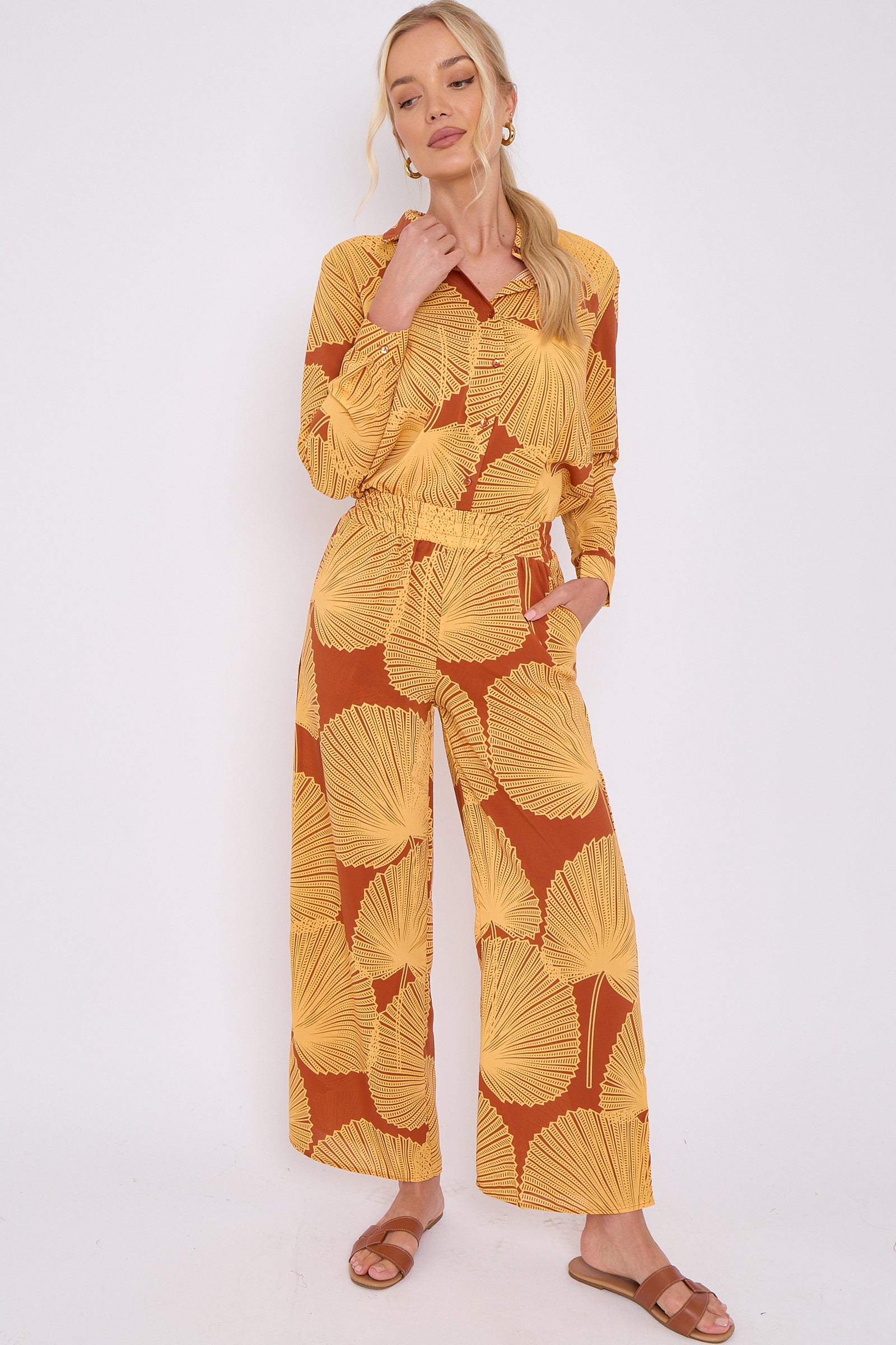 Mustard Abstract Leaf Print Co-ord Shirt and Trousers Set