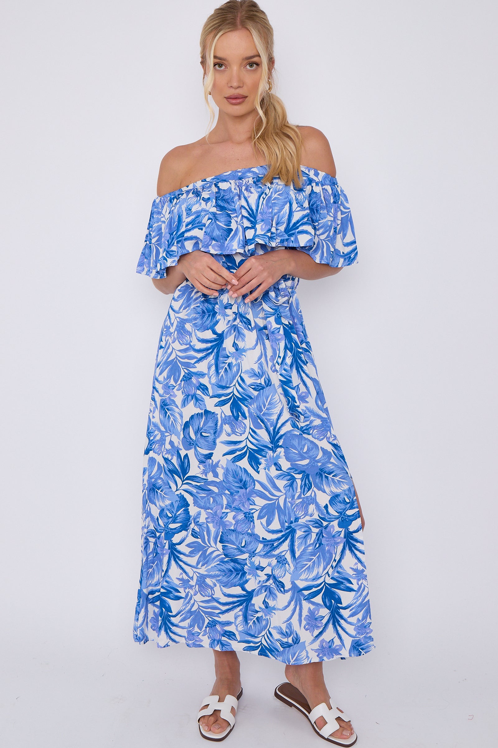 Blue Leaf Floral Print Bardot Maxi Dress