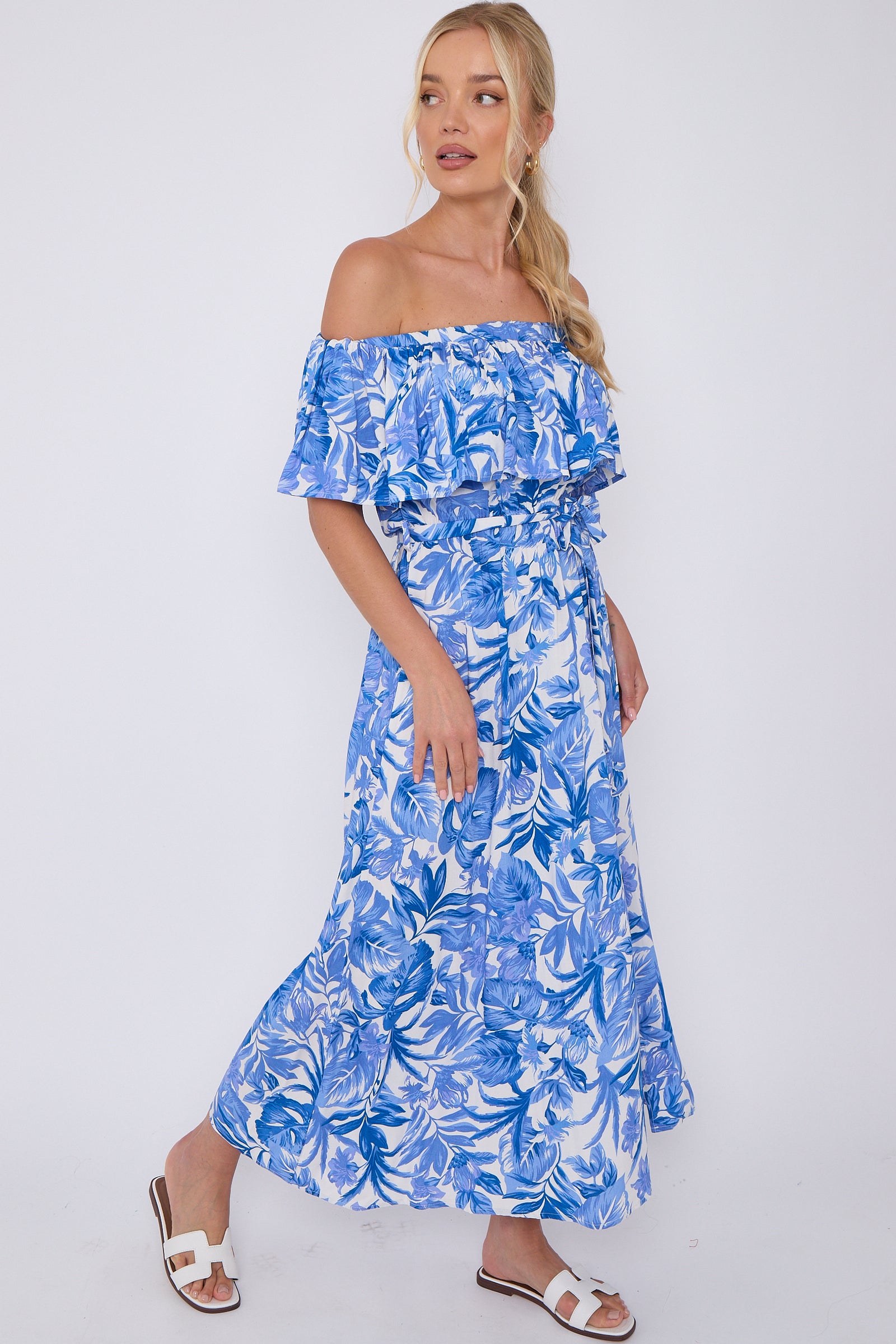 Blue Leaf Floral Print Bardot Maxi Dress