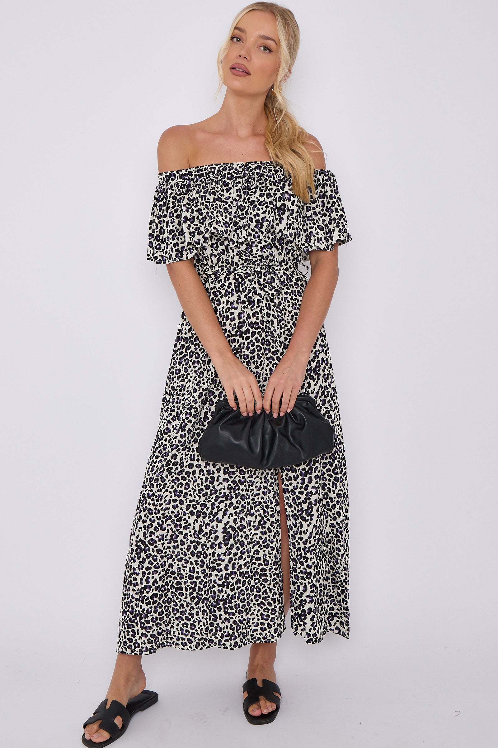 Lepard Print Bardot Maxi Dress