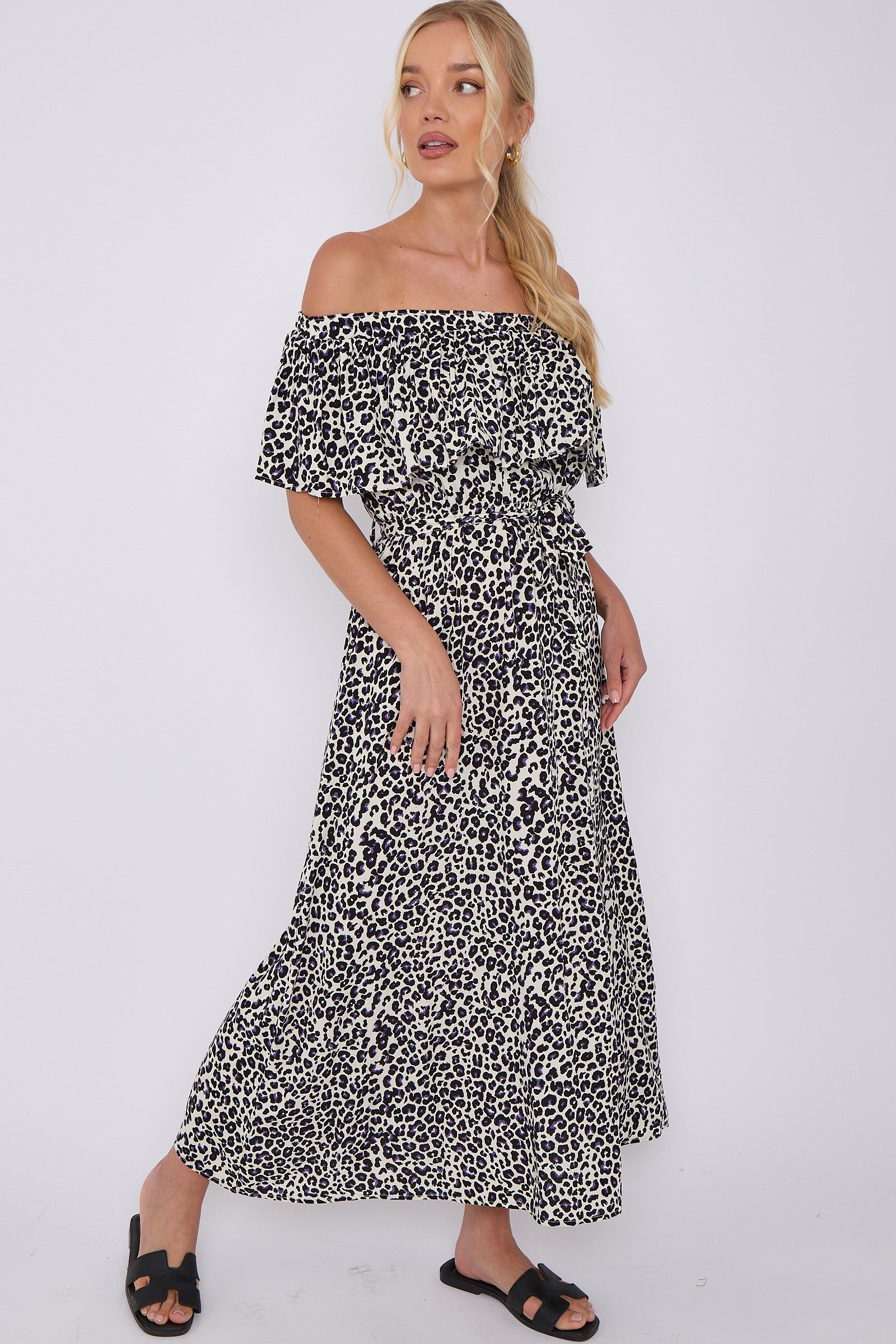 Lepard Print Bardot Maxi Dress