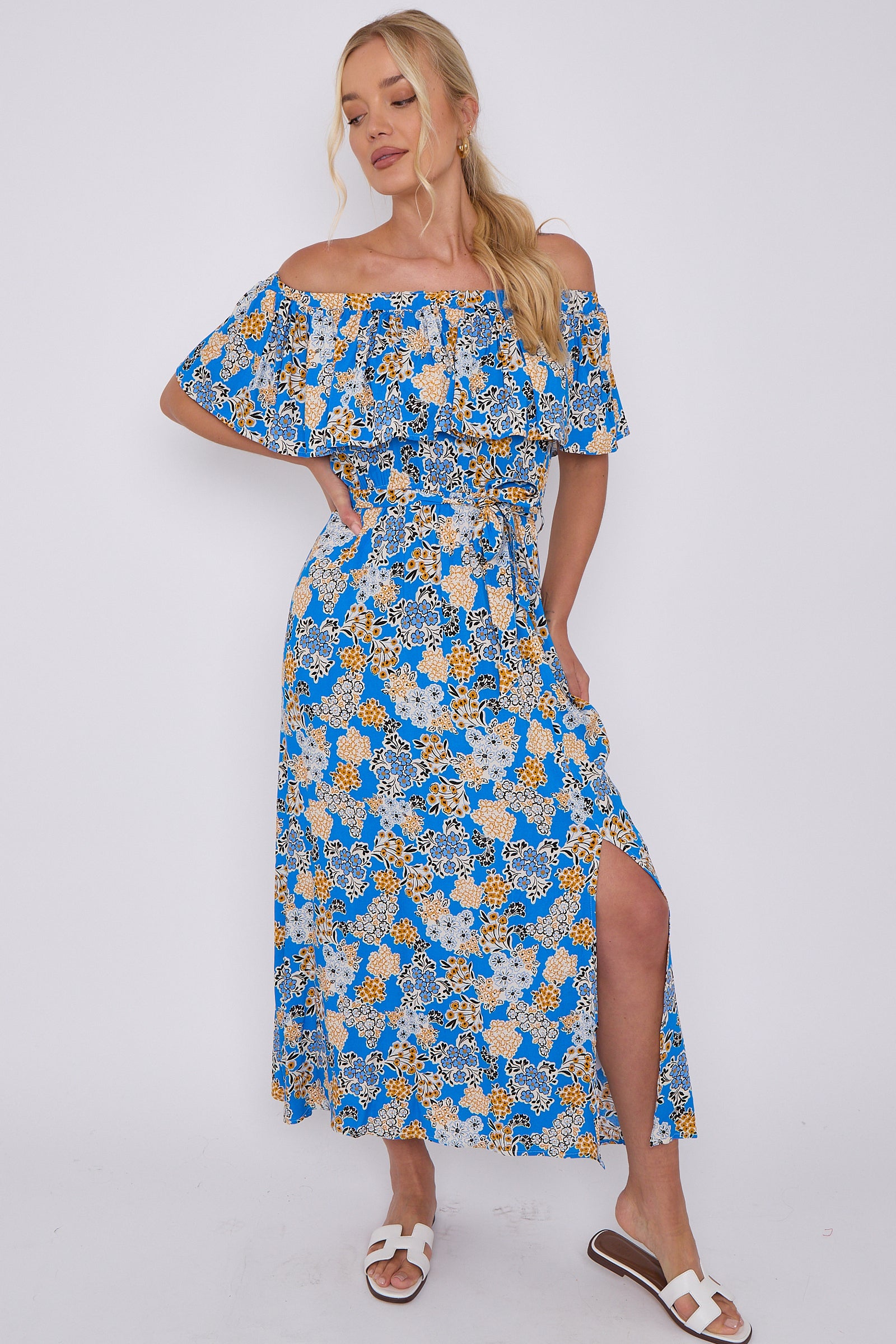 Blue Floral Print Bardot Maxi Dress