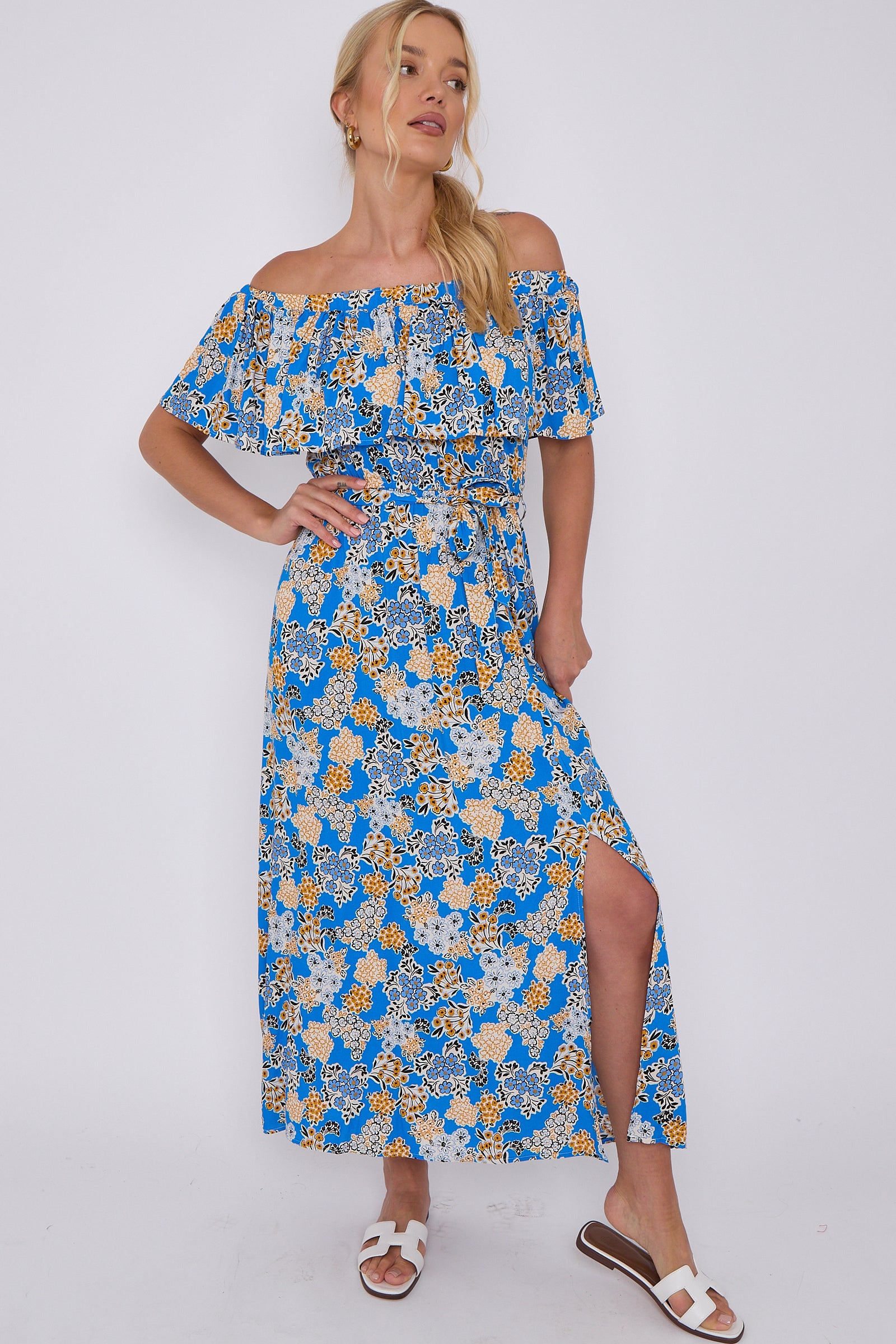 Blue Floral Print Bardot Maxi Dress