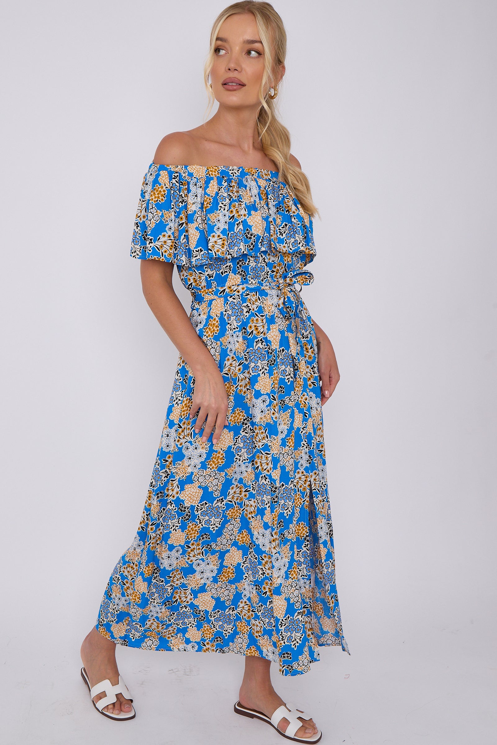 Blue Floral Print Bardot Maxi Dress