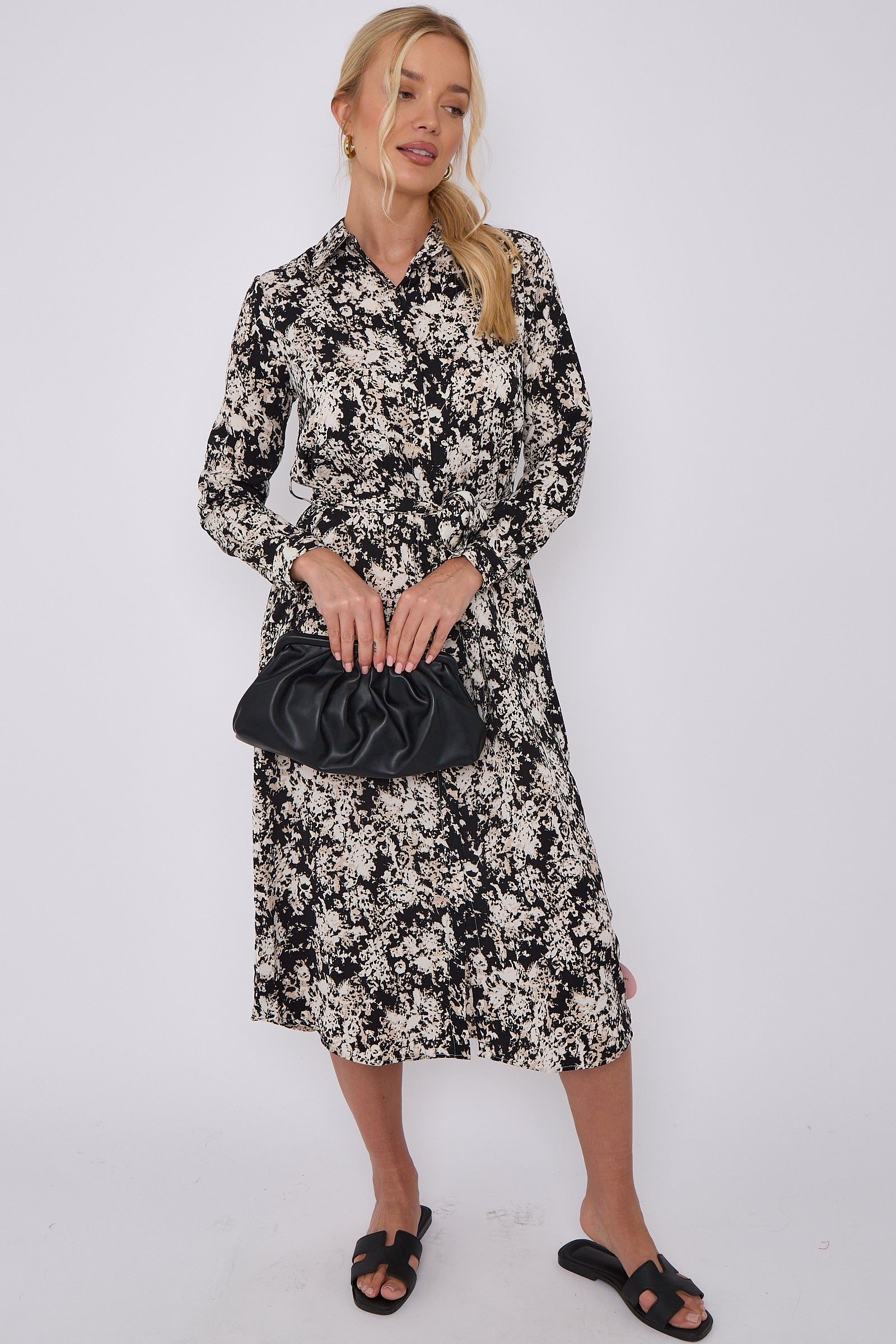 Black Tie Dye Print Long Sleeve Midi Shirt Dress