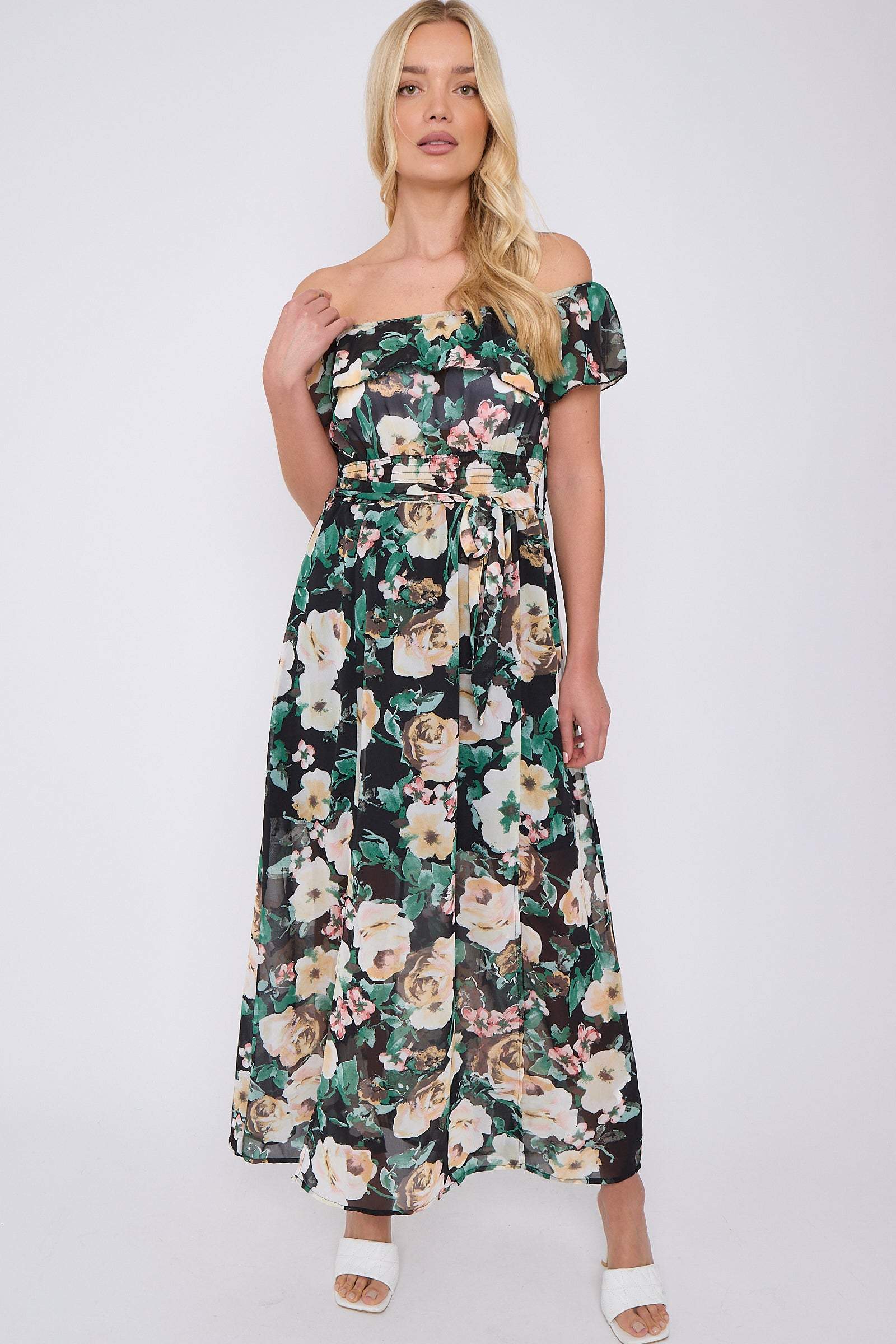 Black Rose Floral Print Chiffon Bardot Maxi Dress