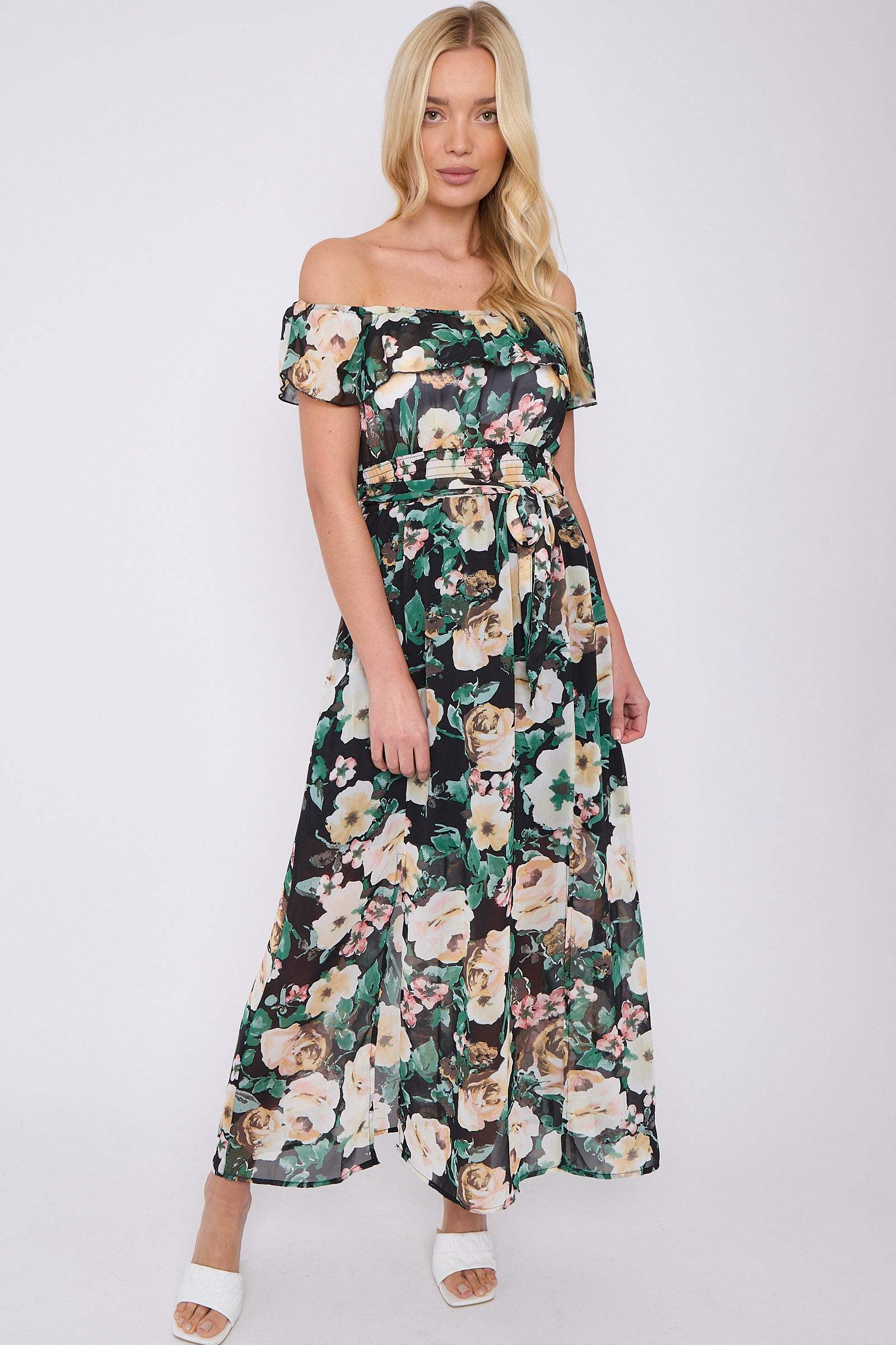 Black Rose Floral Print Chiffon Bardot Maxi Dress