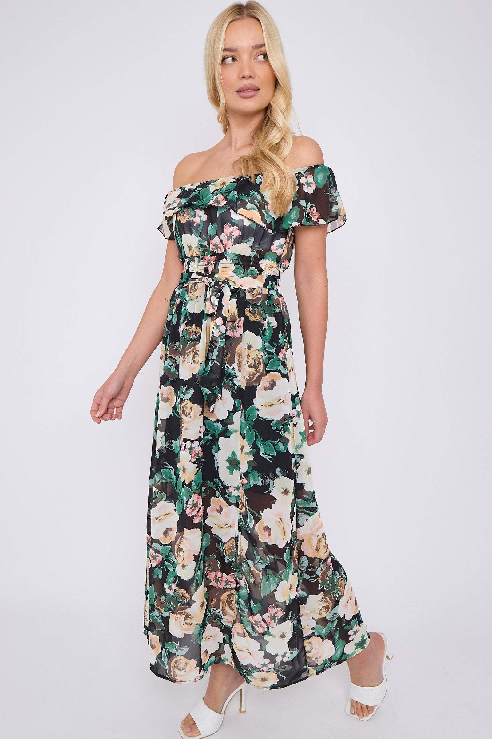 Black Rose Floral Print Chiffon Bardot Maxi Dress - Timeless Floral ...