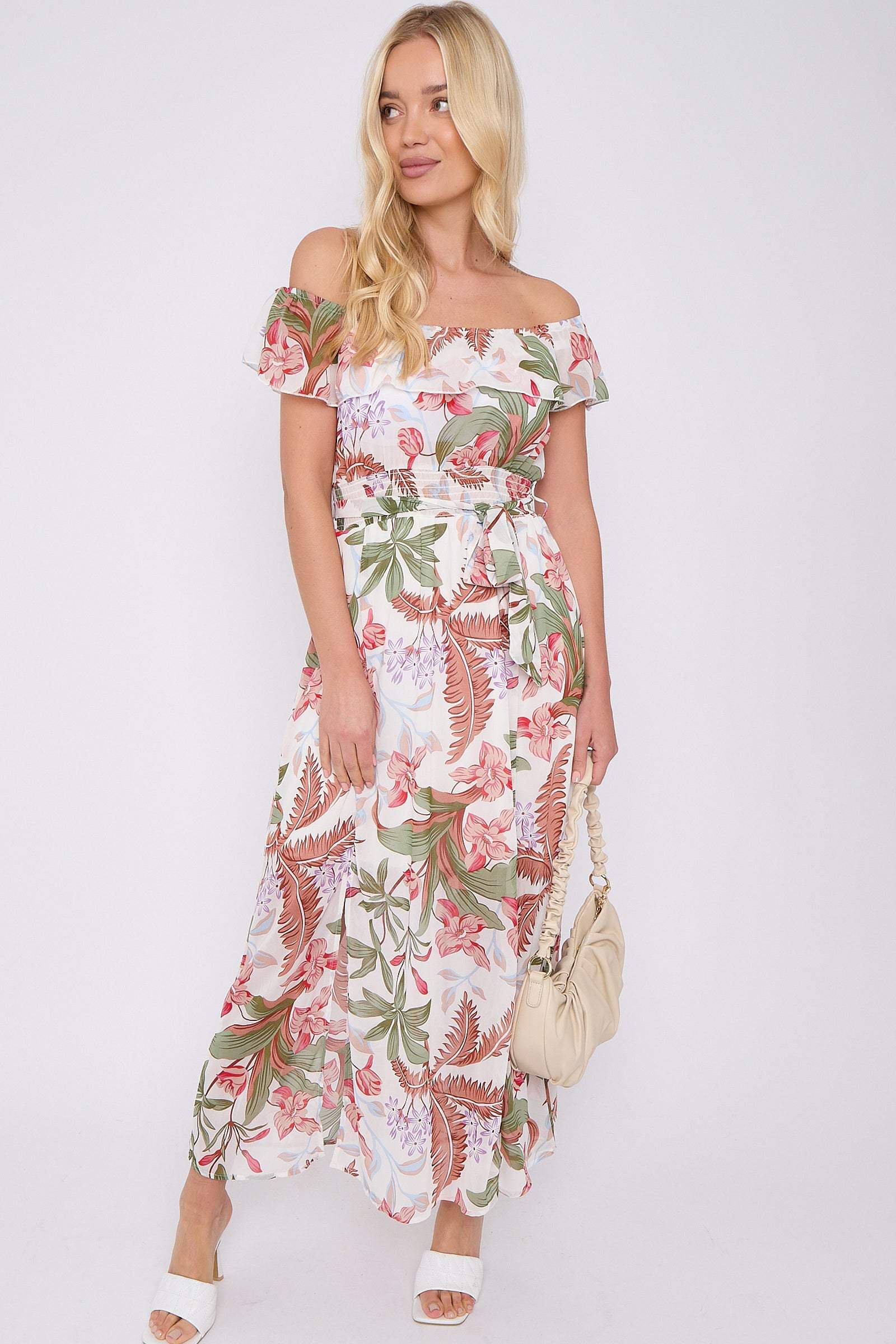 White Palm Leaf Print Chiffon Bardot Maxi Dress