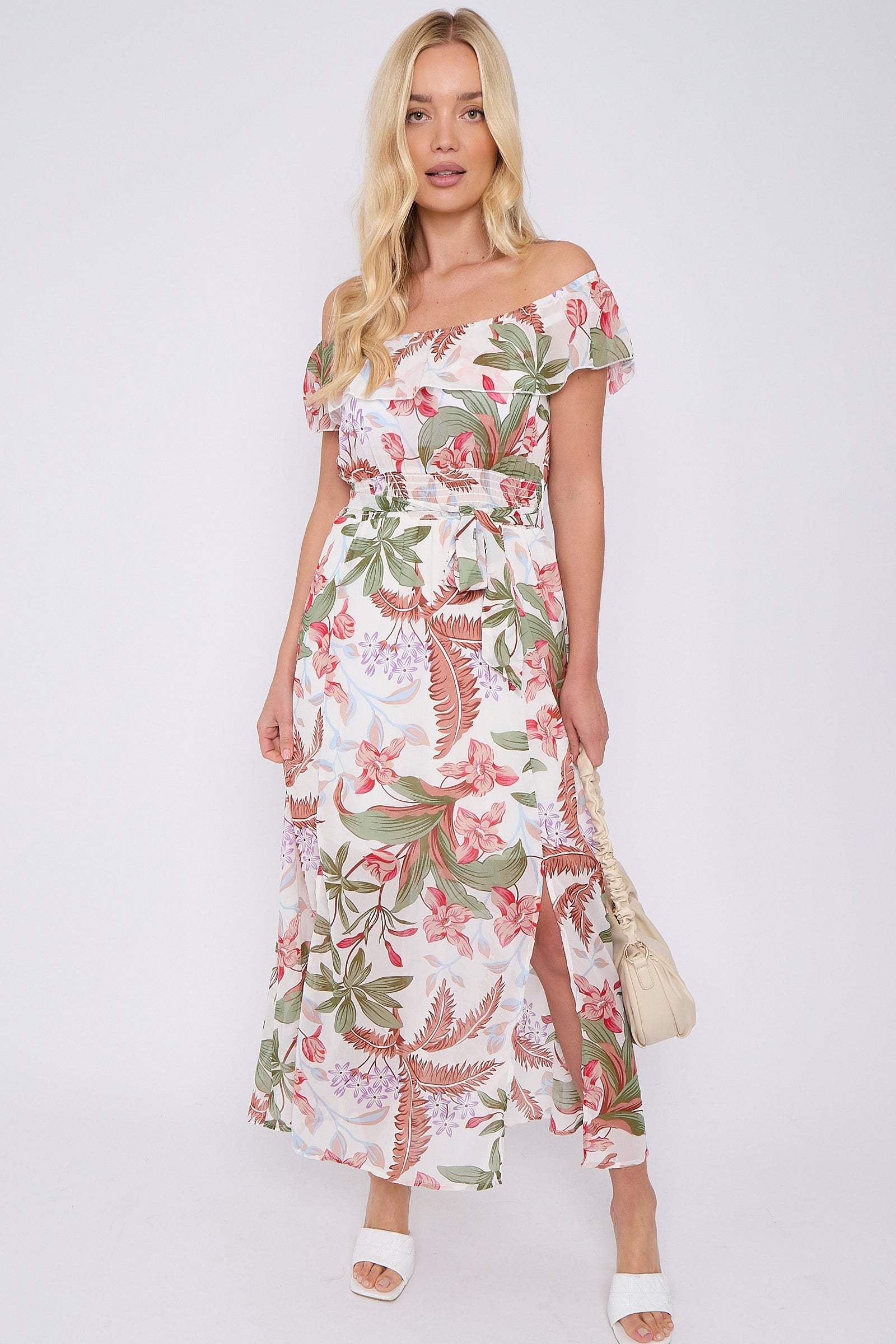 White Palm Leaf Print Chiffon Bardot Maxi Dress