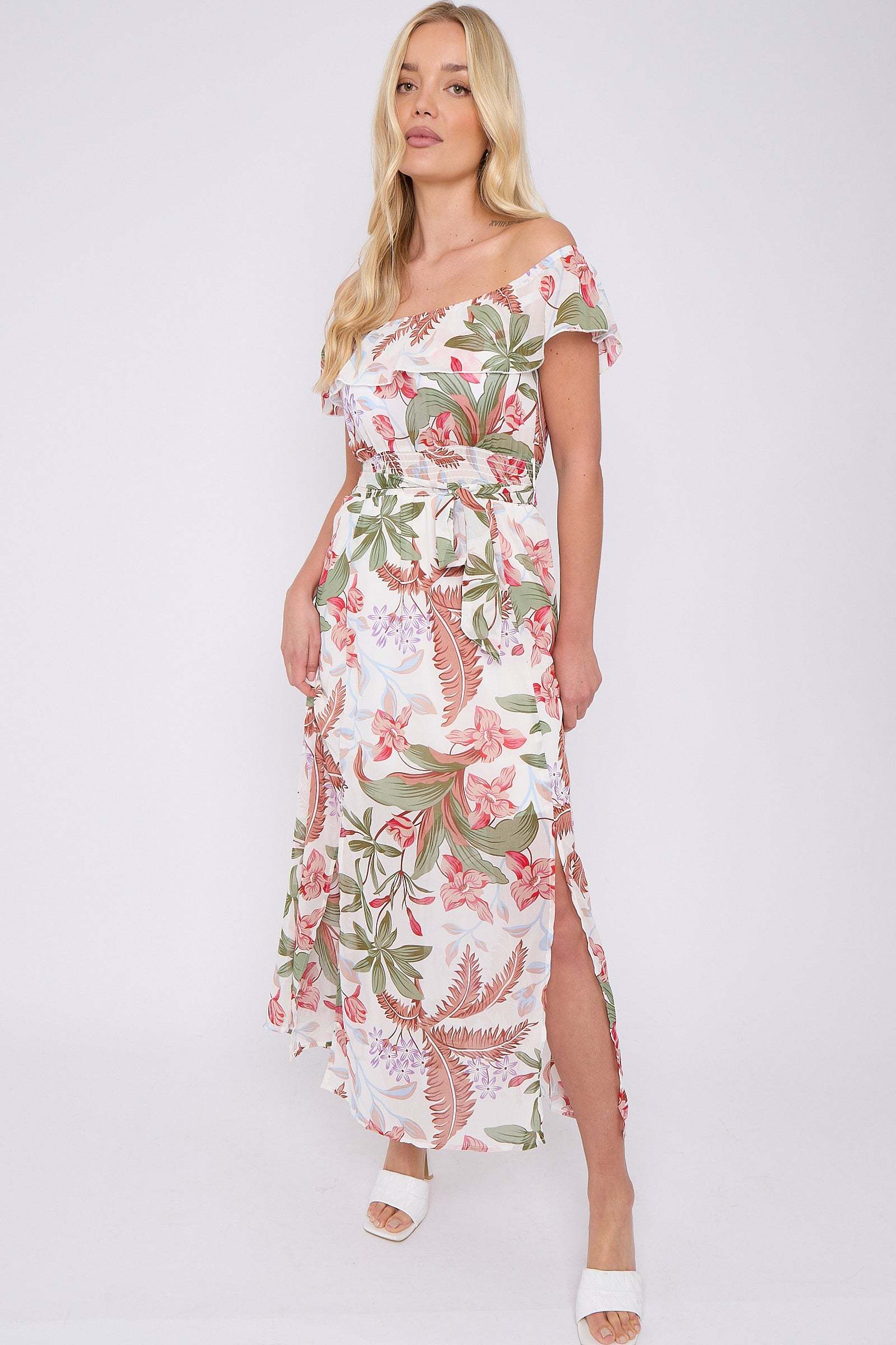 White Palm Leaf Print Chiffon Bardot Maxi Dress