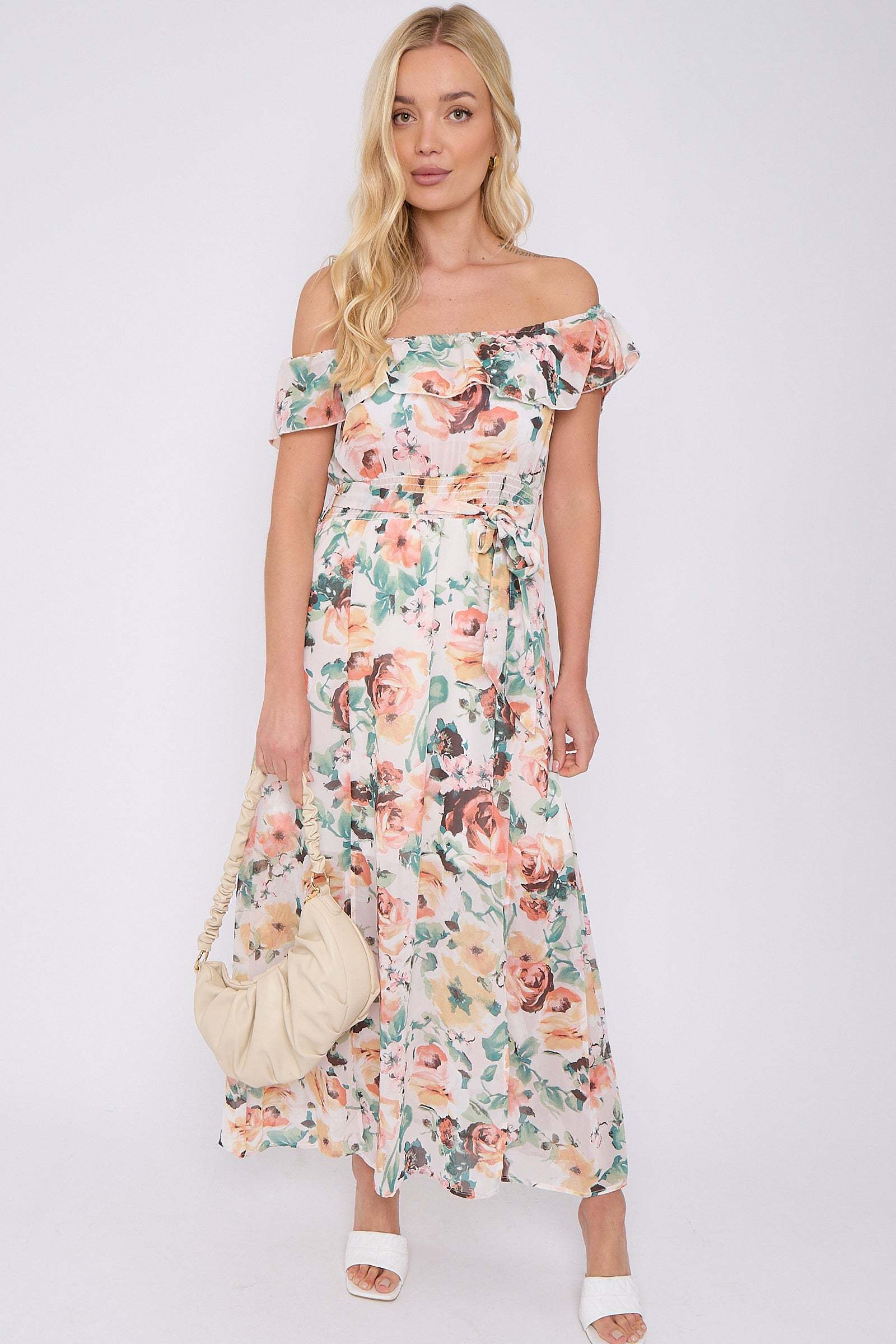 Cream Rose Floral Print Chiffon Bardot Maxi Dress