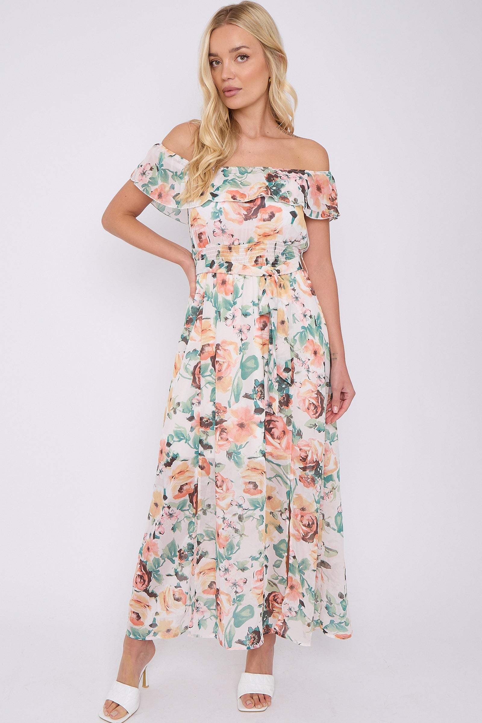 Cream Rose Floral Print Chiffon Bardot Maxi Dress