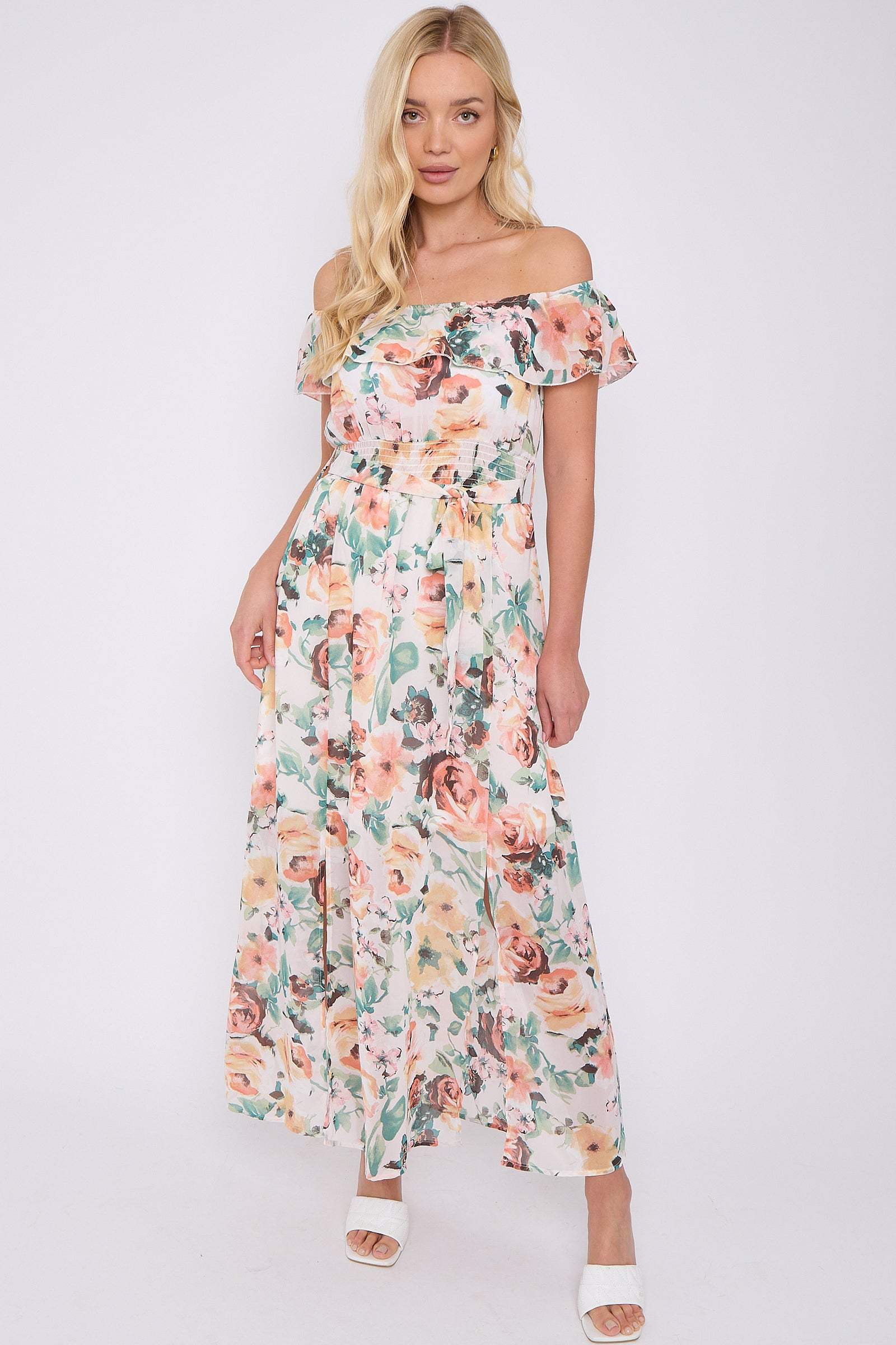 Cream Rose Floral Print Chiffon Bardot Maxi Dress