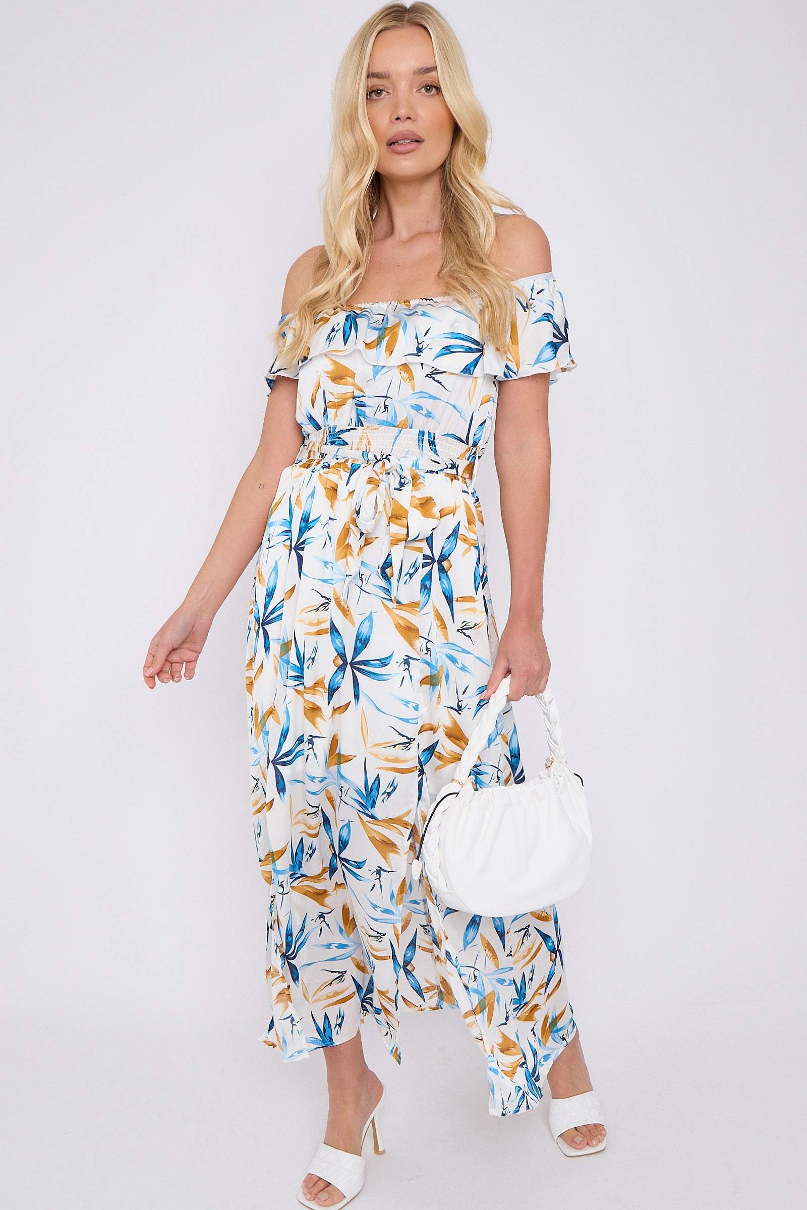 Blue Mustard Floral Print Bardot Maxi Dress