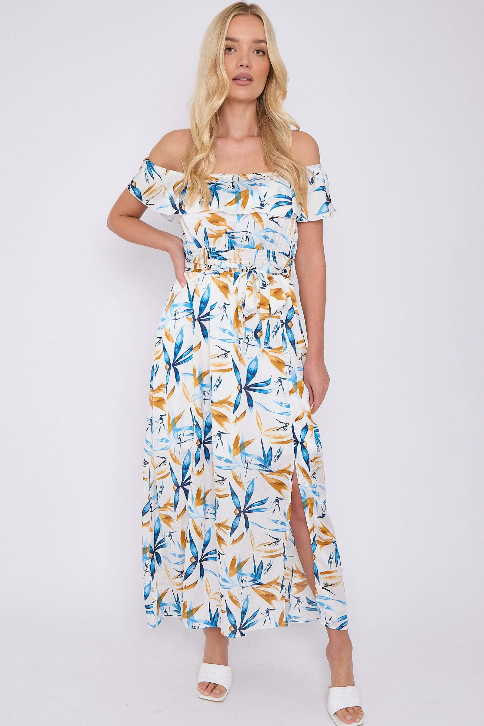 Blue Mustard Floral Print Bardot Maxi Dress