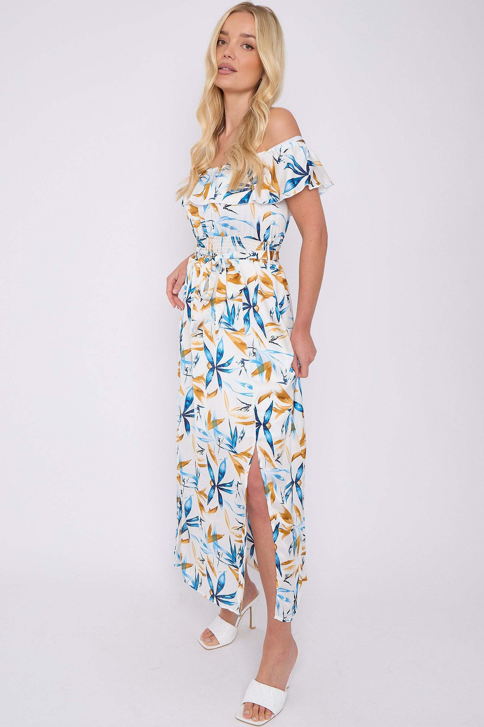 Blue Mustard Floral Print Bardot Maxi Dress