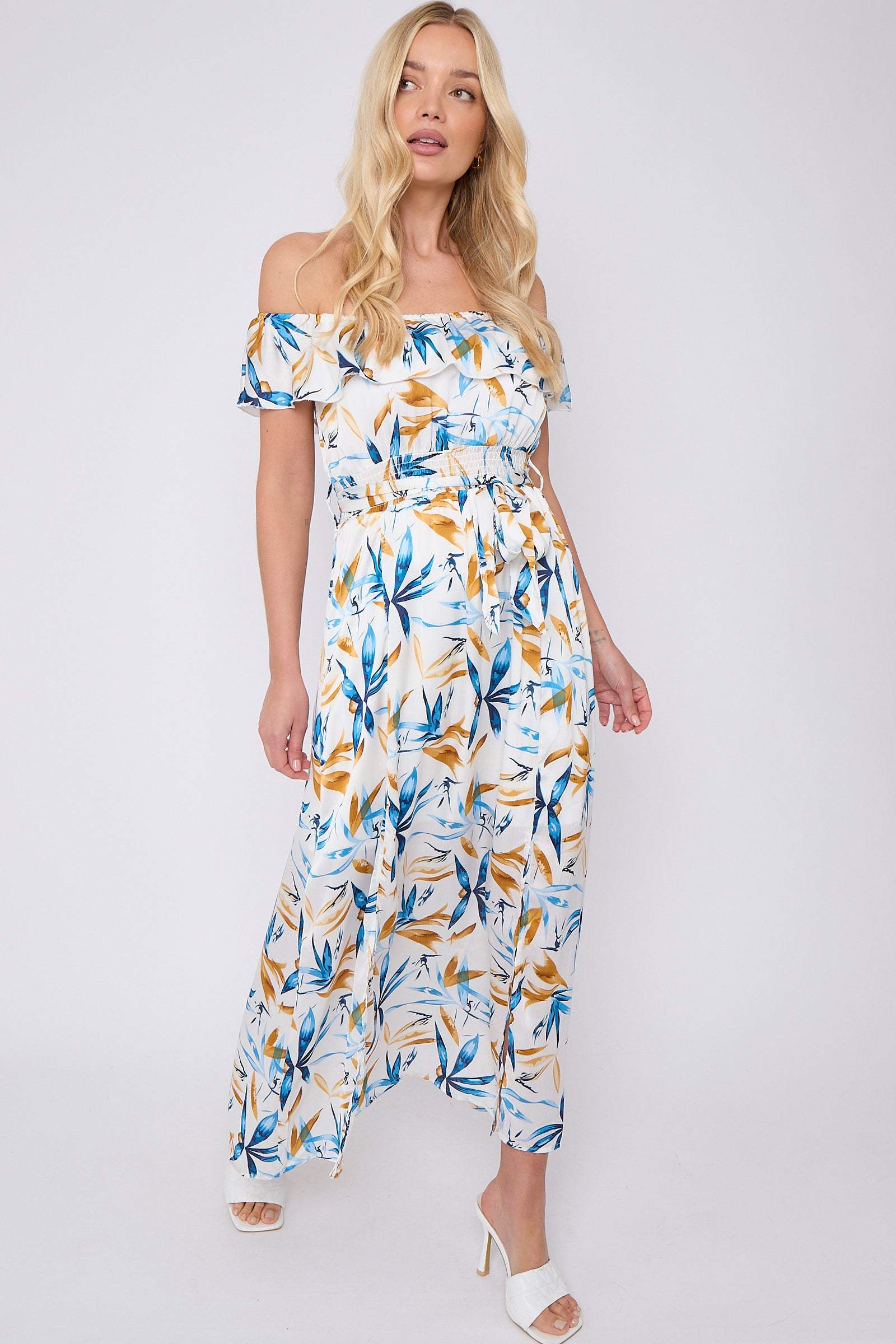 Blue Mustard Floral Print Bardot Maxi Dress