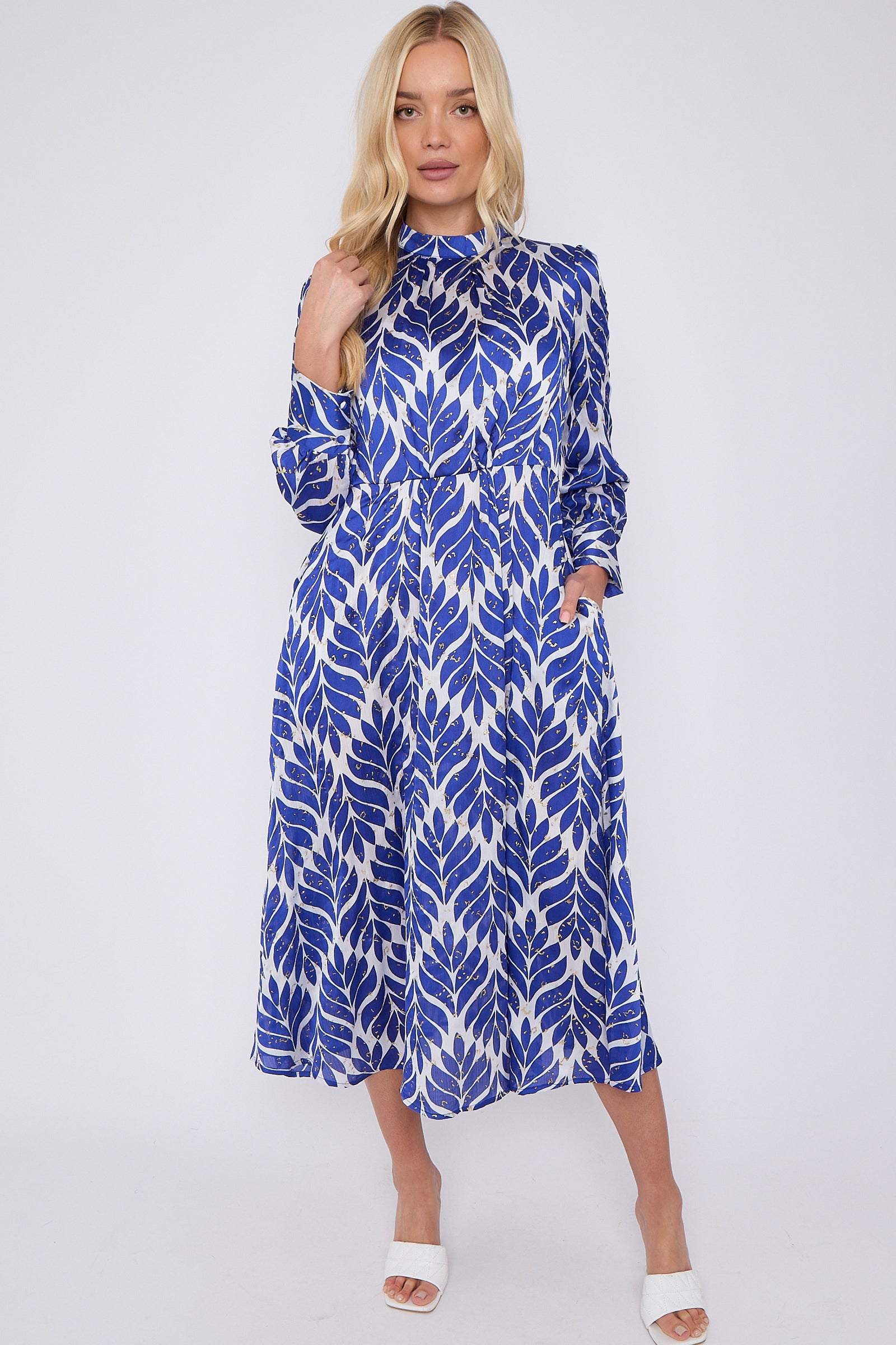 Blue Leaf Print Gold Dotted High Neck Maxi Dress