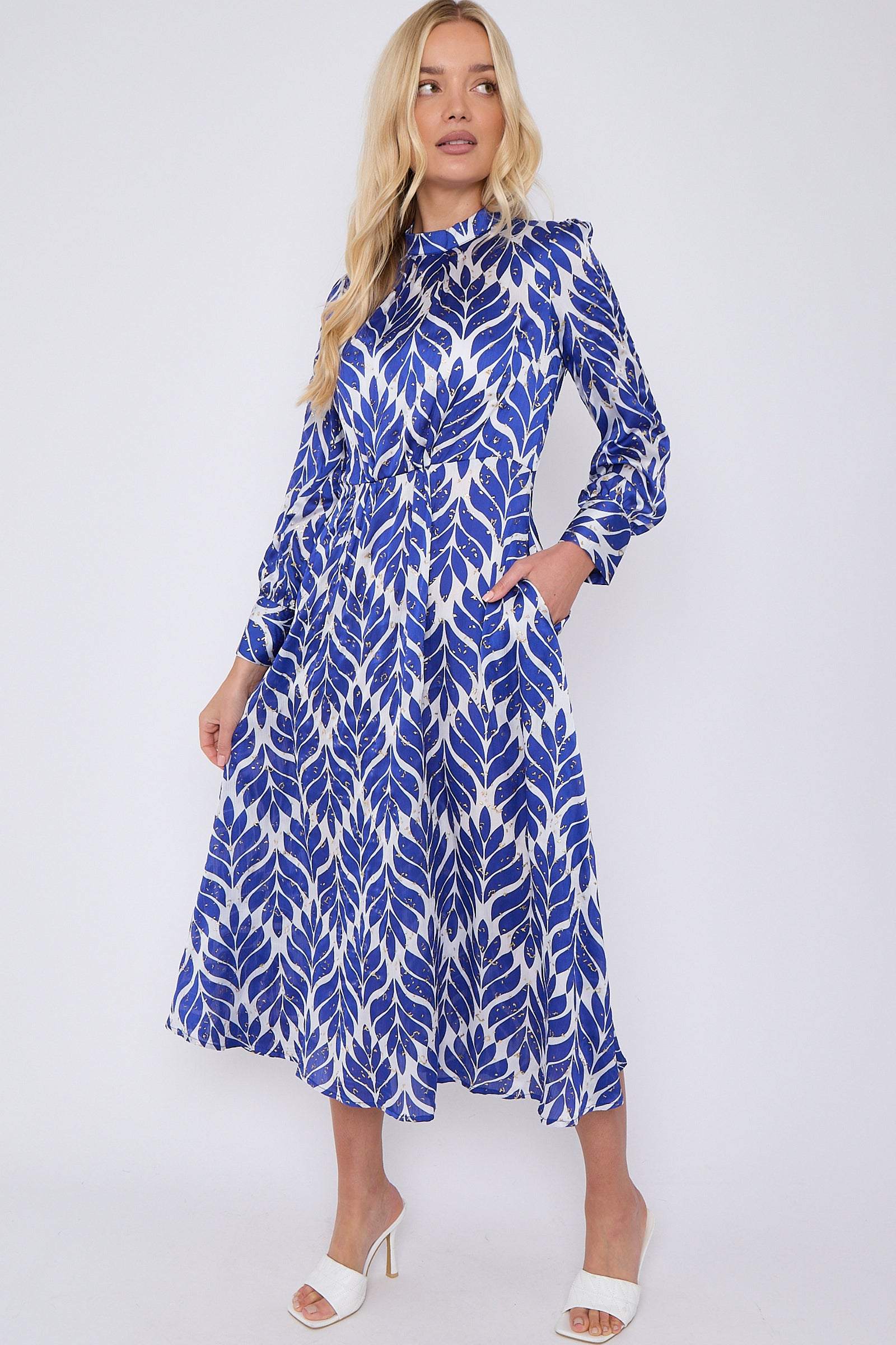 Blue Leaf Print Gold Dotted High Neck Maxi Dress