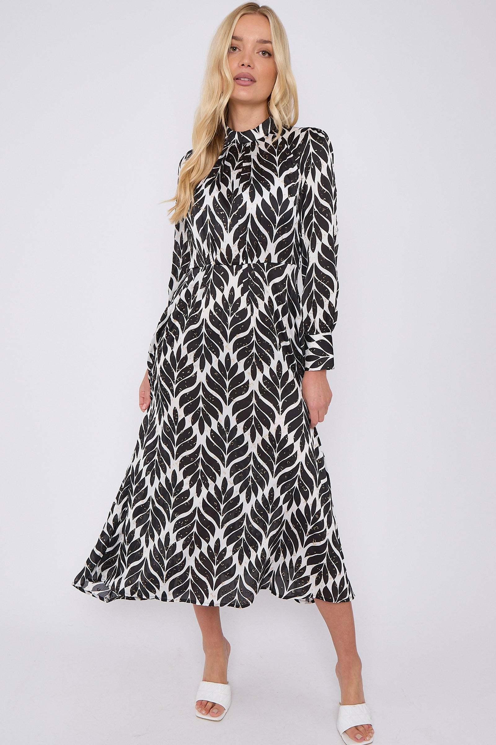 Black Leaf Print Gold Dotted High Neck Maxi Dress