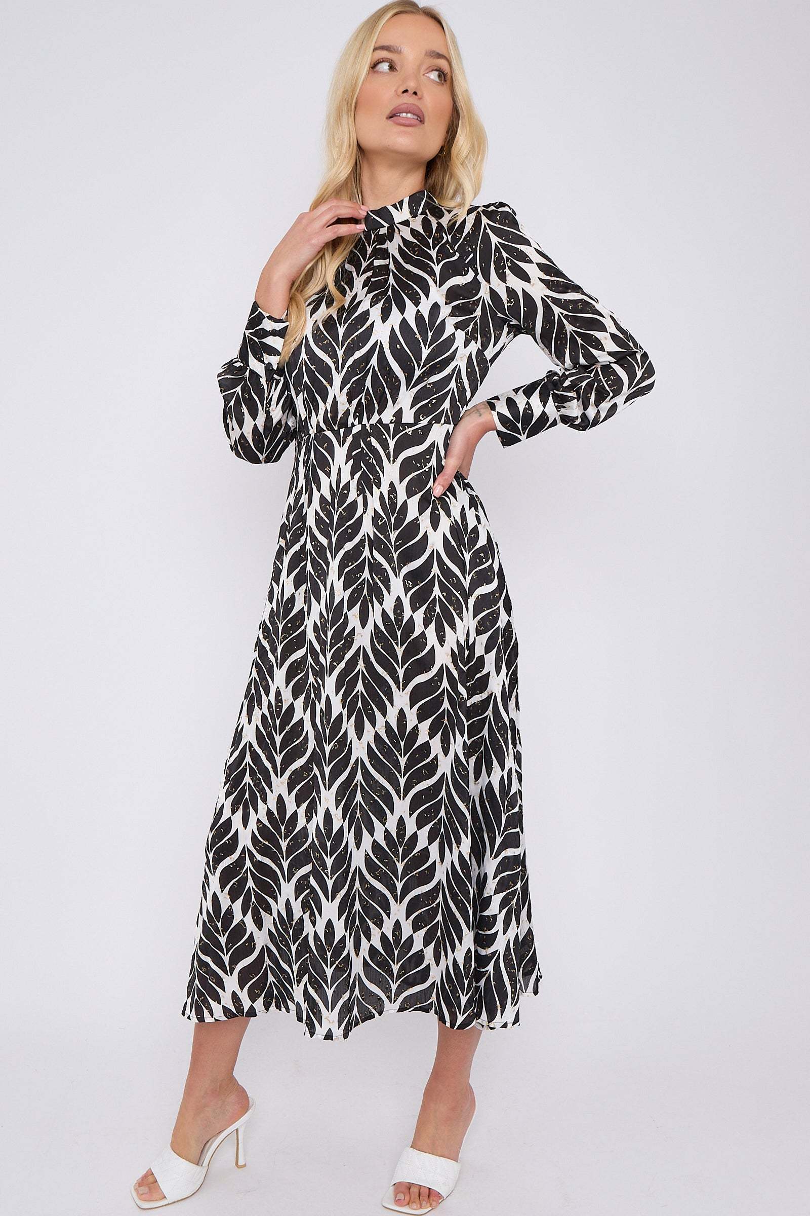 Black Leaf Print Gold Dotted High Neck Maxi Dress