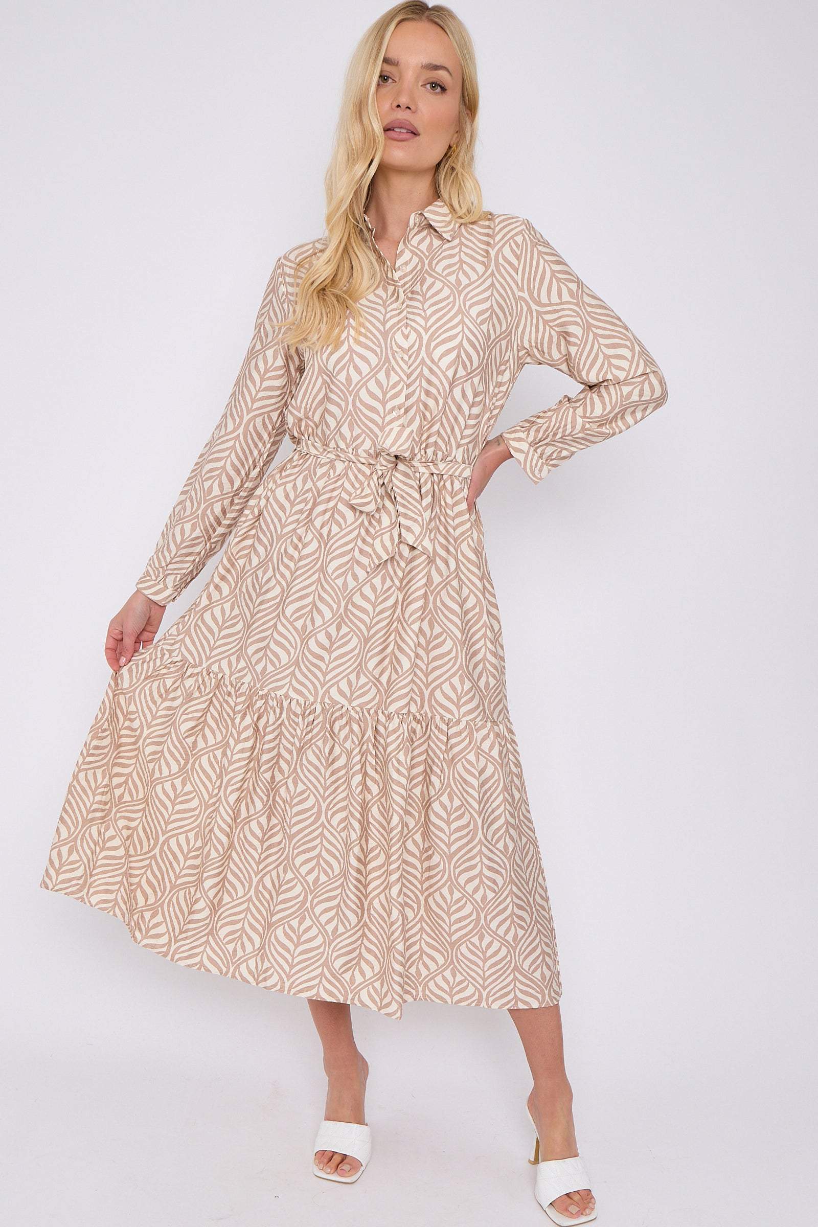 Beige Leaf Pattern Long Sleeve Smock Maxi Dress