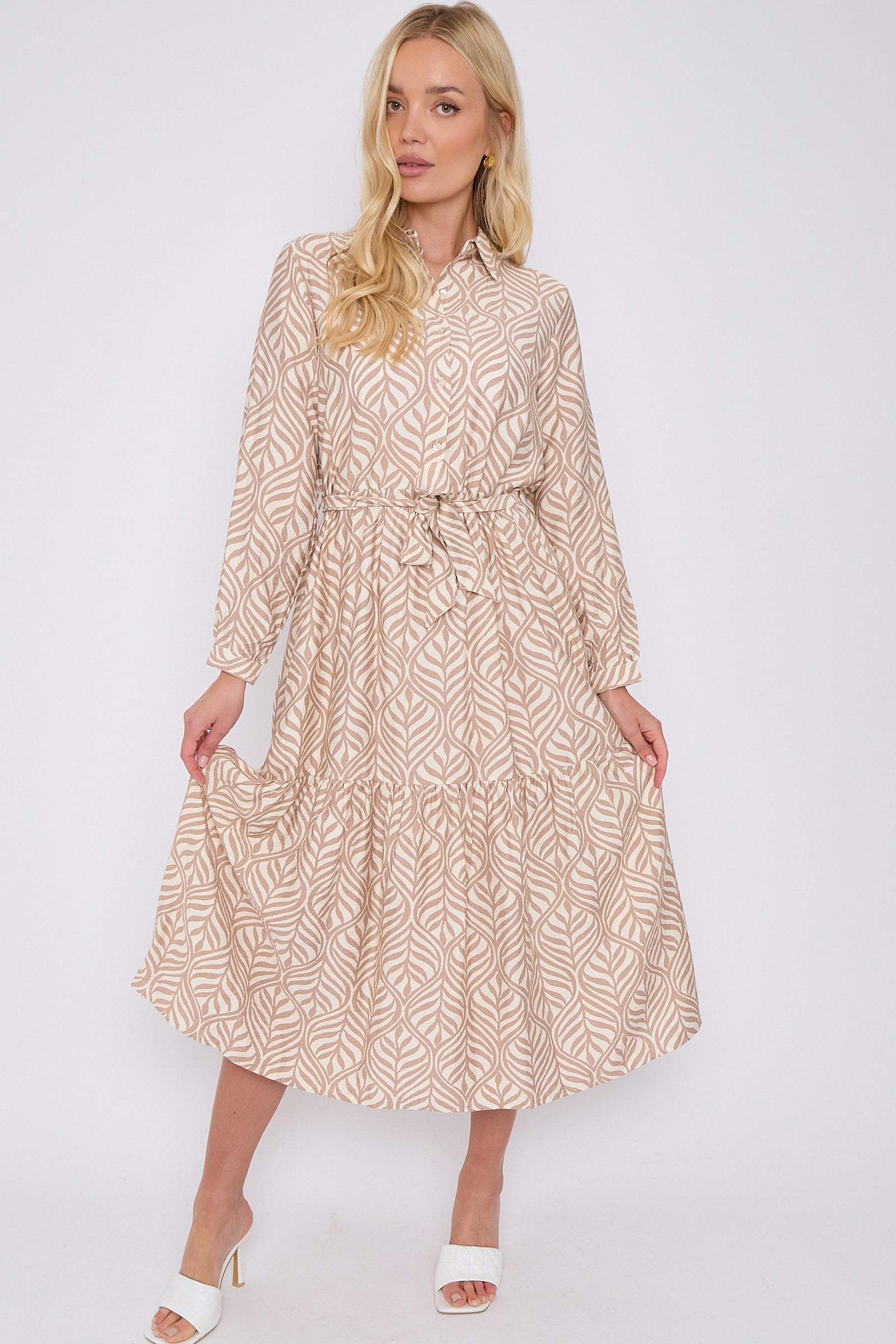 Beige Leaf Pattern Long Sleeve Smock Maxi Dress