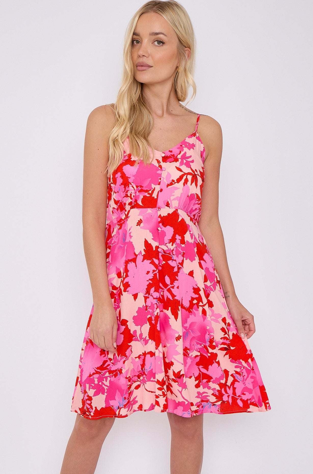 Fuchsia Floral Print Strap Mini Dress