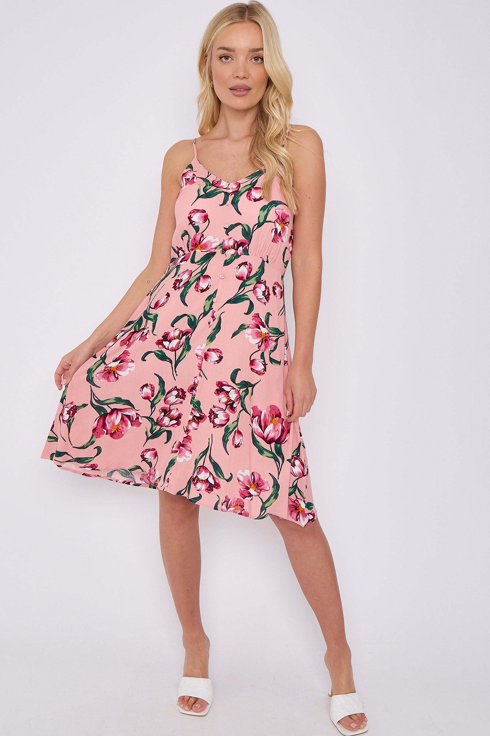 Pink Floral Print Cheesecloth Strap Mini Dress