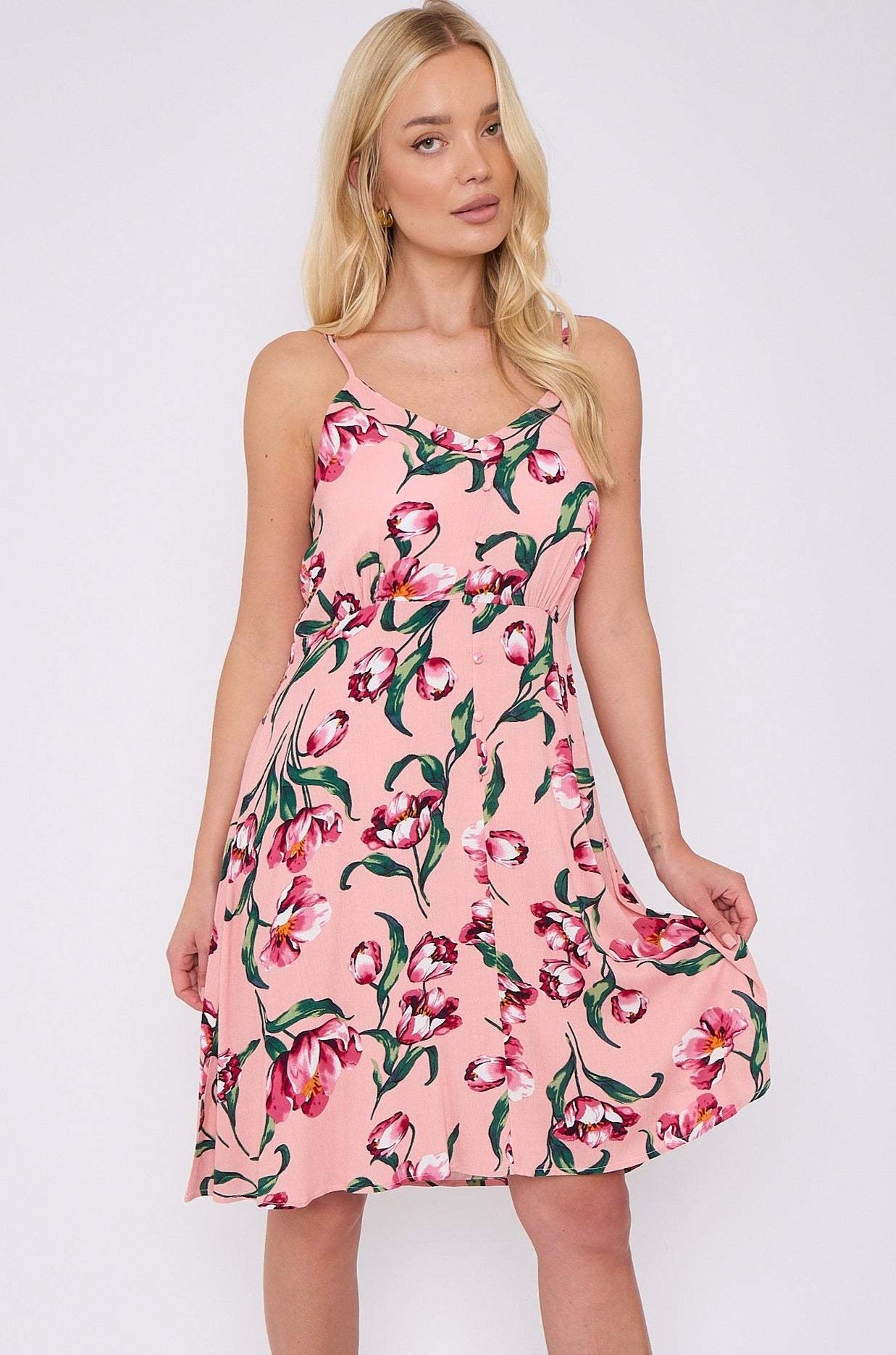 Pink Floral Print Cheesecloth Strap Mini Dress