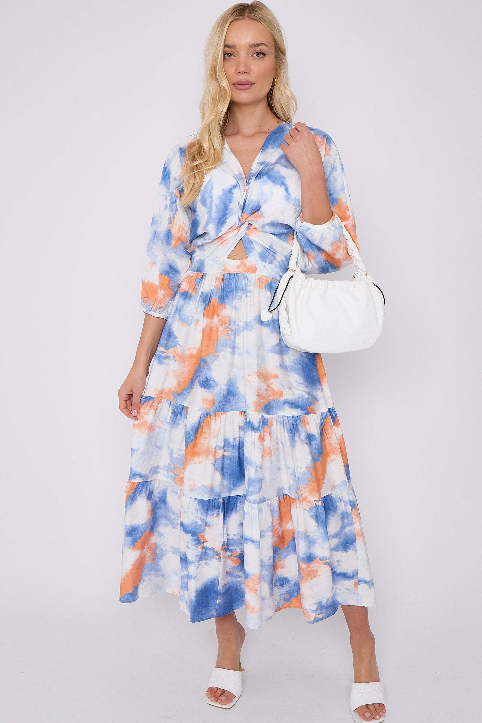 Blue Orange Tie Dye Print Knotted Quarter Sleeve Maxi Dress