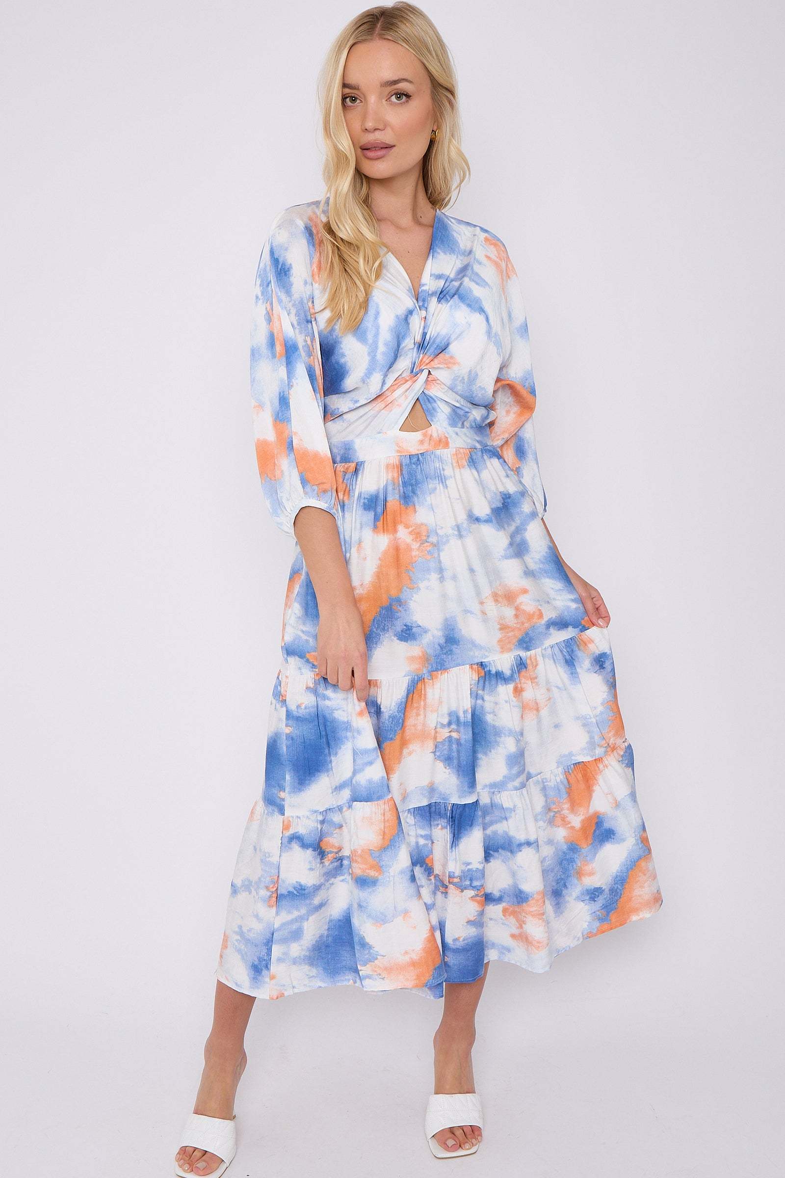 Blue Orange Tie Dye Print Knotted Quarter Sleeve Maxi Dress