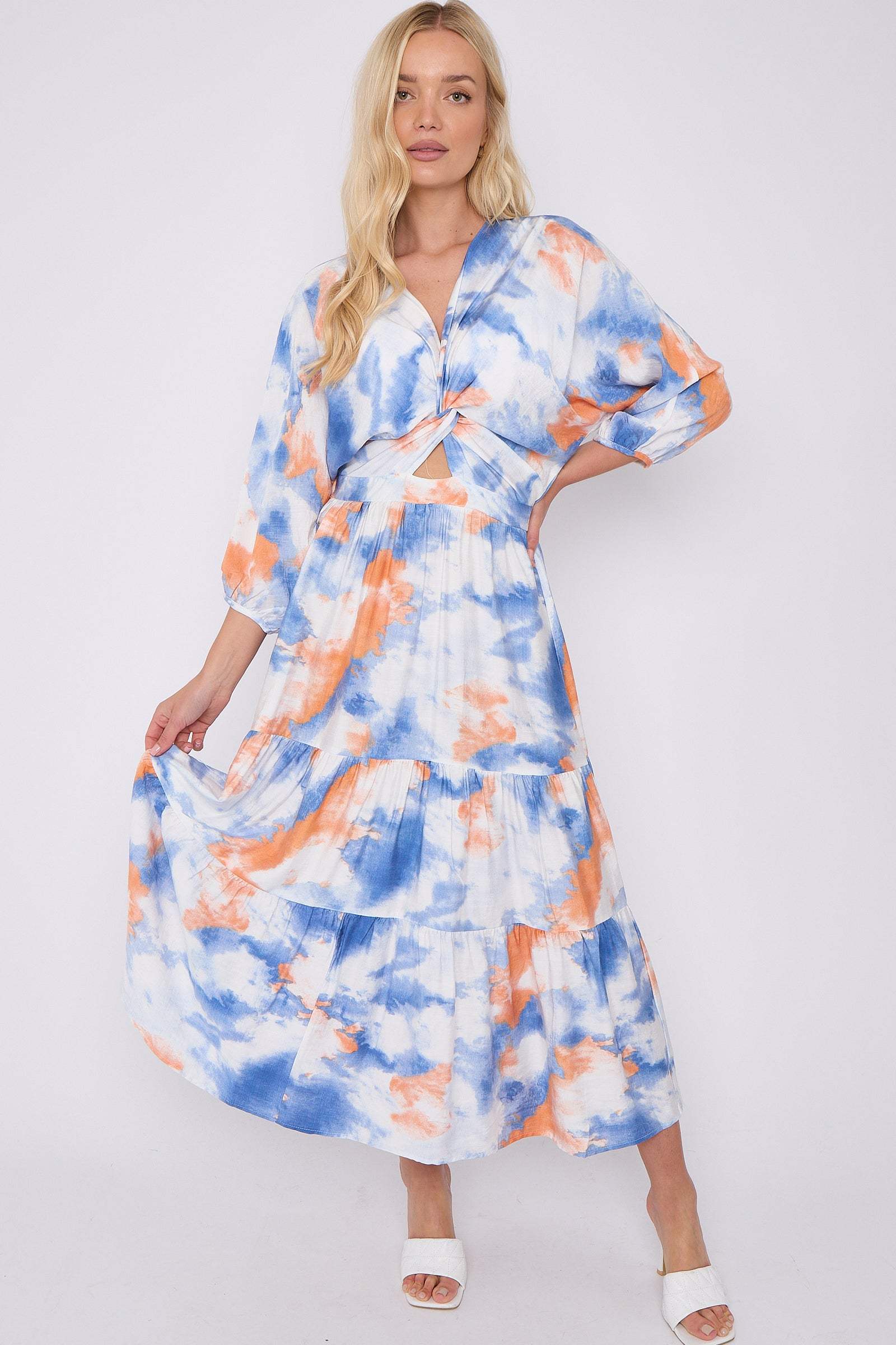 Blue Orange Tie Dye Print Knotted Quarter Sleeve Maxi Dress