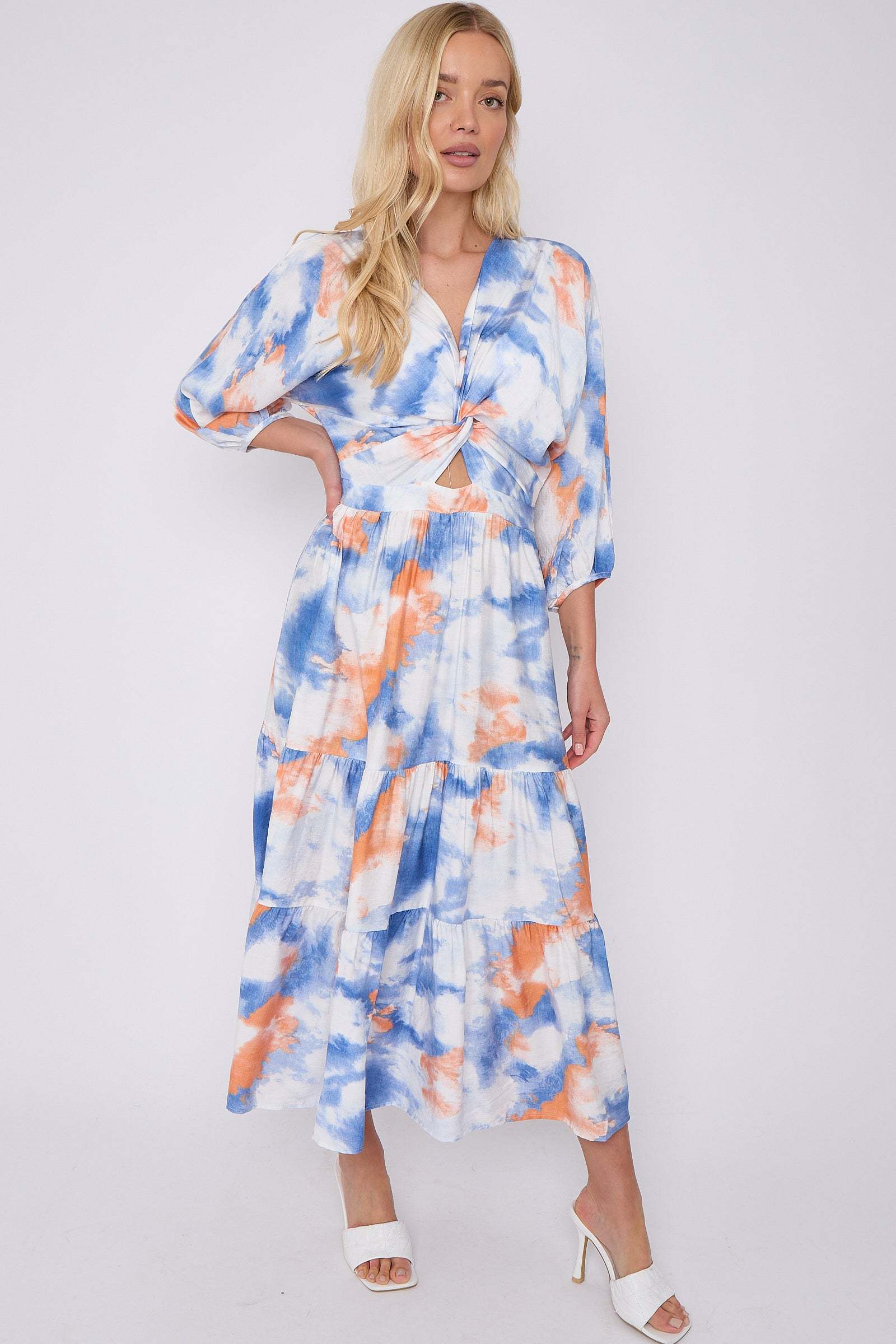 Blue Orange Tie Dye Print Knotted Quarter Sleeve Maxi Dress