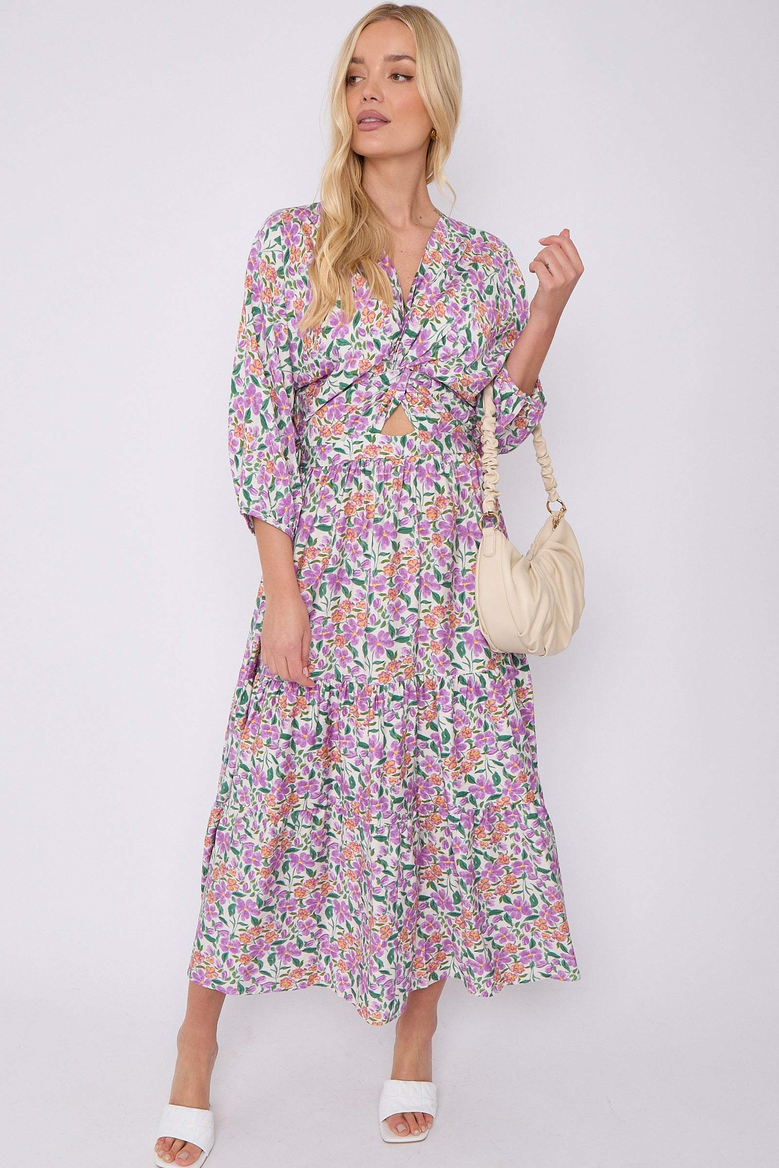 Purple Floral Print Knotted Quarter Sleeve Maxi Dress