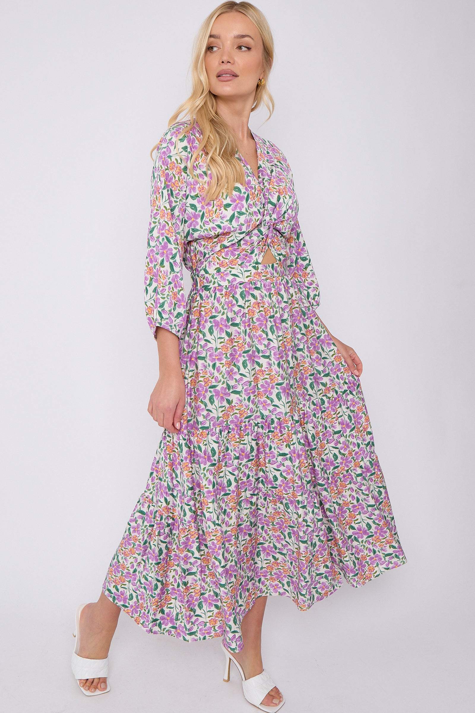 Purple Floral Print Knotted Quarter Sleeve Maxi Dress